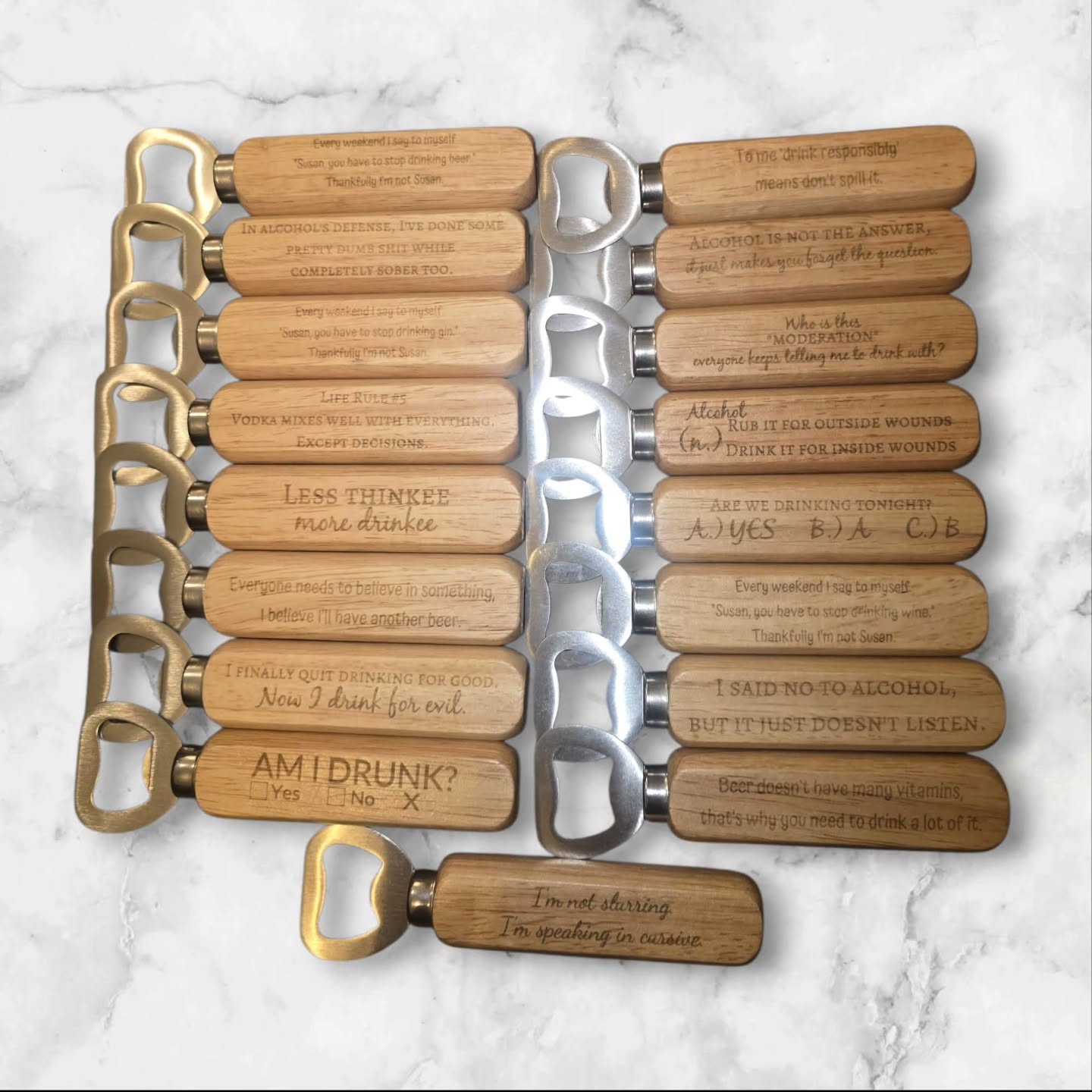 Wooden bottle openers
£5 each or 3 for £10⚡️
Silly quotes about alcohol, each one different😝