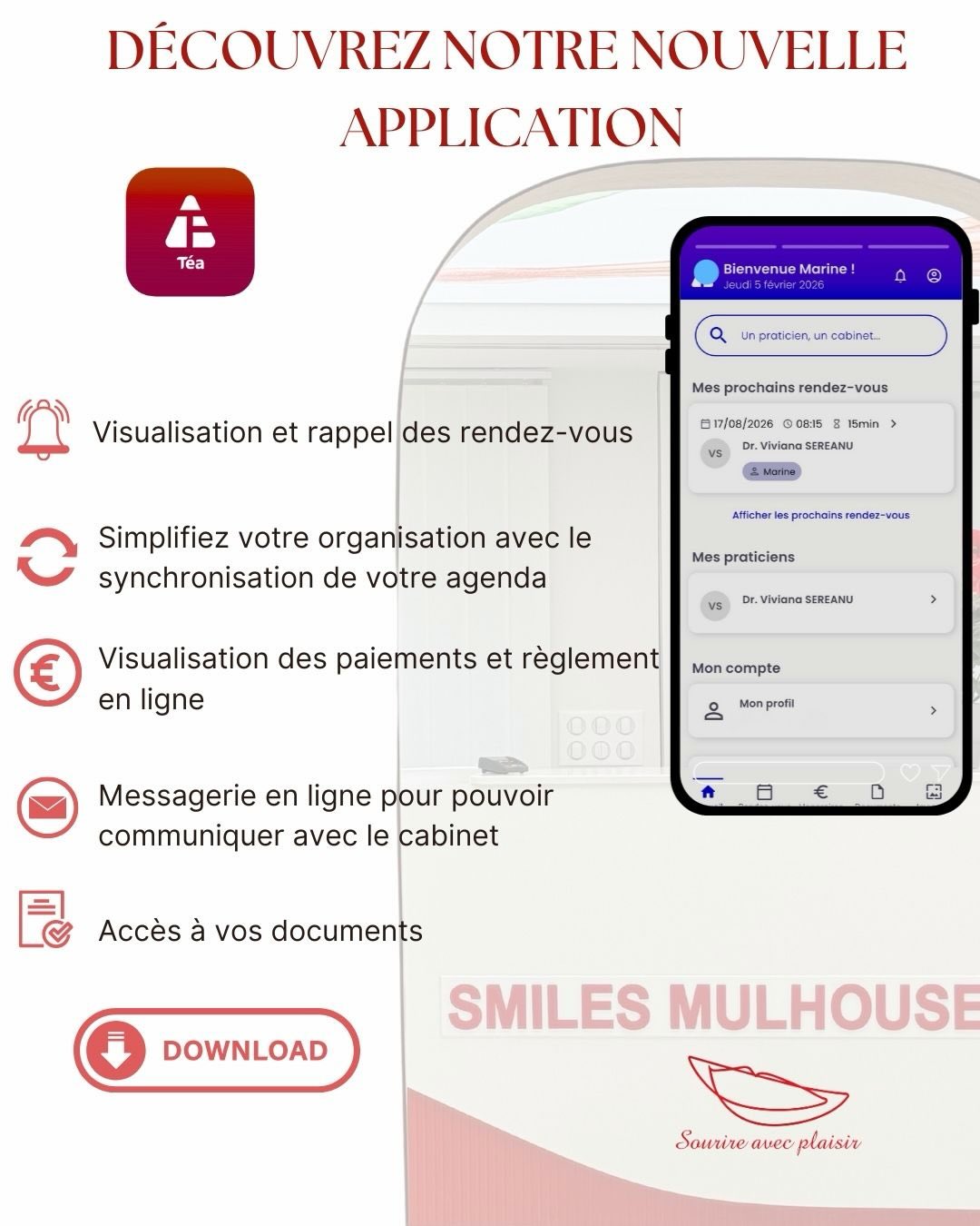 📲✨ Découvrez notre nouvelle application TÉA !
Accessible aux parents et aux enfants, TÉA vous permet de :
✅ Gérer facilement vos rendez-vous (consultations, rappels)
✅ Synchroniser votre agenda personnel
✅ Suivre vos paiements et régler en ligne
✅ Accéder à vos documents (ordonnances, devis, radios…)
✅ Échanger avec le cabinet via une messagerie sécurisée
👉 l’application Mon Orthodontiste n’est désormais plus active et est remplacée par TÉA.
📲 Téléchargez dès maintenant l’application TÉA sur Google Play ou l’App Store pour continuer à bénéficier de tous les services du cabinet, en toute simplicité.
🤝 Notre équipe est là pour vous accompagner si besoin.
#Orthodontie #Santé #ApplicationMobile #Téa #SuiviOrtho
CabinetOrthodontique ParentsEtEnfants SmilesMulhouse