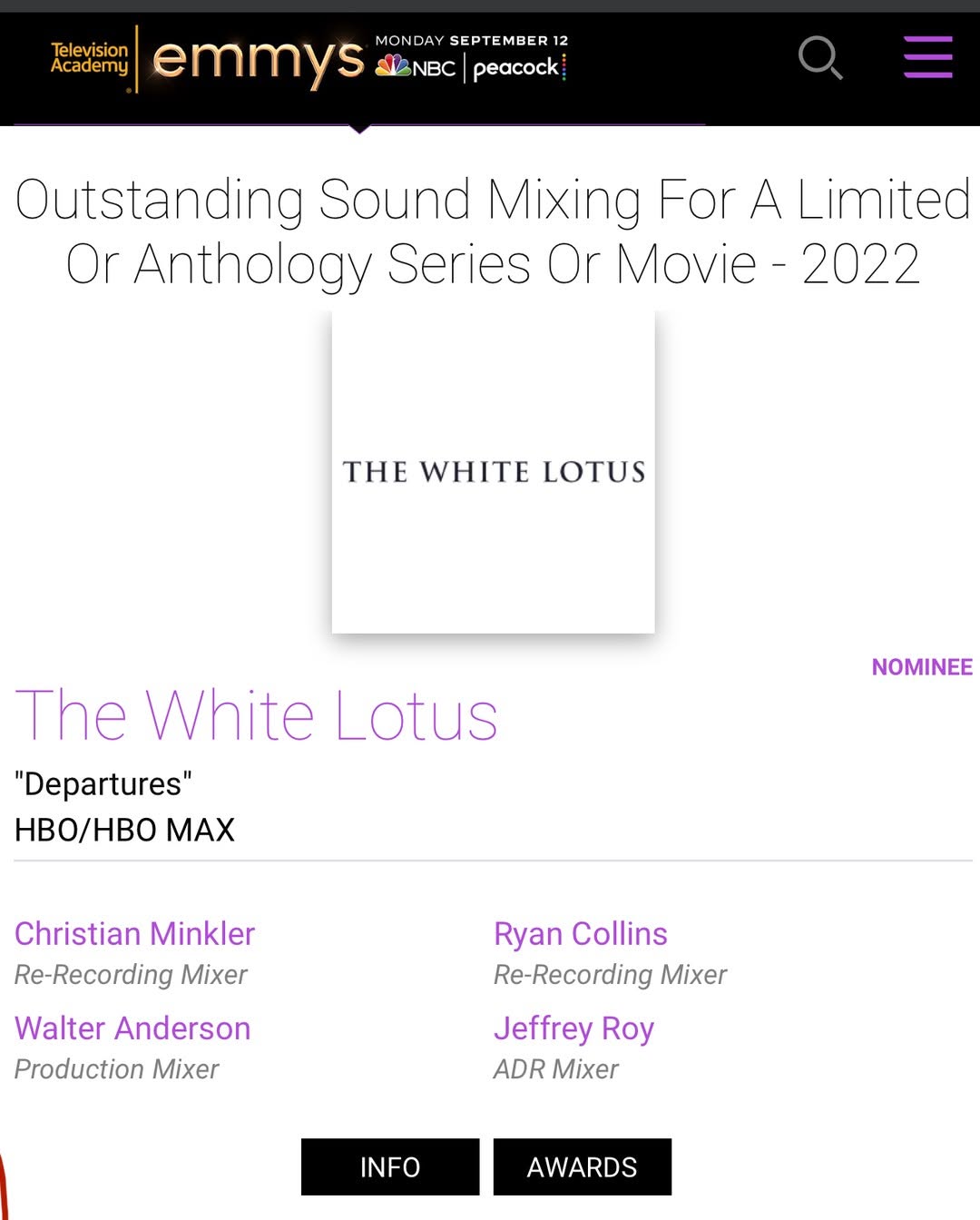 Congratulations to Christian Minkler for his Emmy nomination! Christian is being recognized for his outstanding mixing on the show @thewhitelotus , episode "Departures".
@westwind_media is super proud and honored to have Christian as part of the team.
#westwindmedia #hbomax #thewhitelotus #bringingpicturetolifewithsound #dolby #emmy #dolbyatmos #atmos #avid #avidprotools #protools #avids6 #audiopostproduction #audiopost #adr #adrsuite #automateddialoguereplacement #foleystage #foley #foleymixer #foleyartist #foleyrecording #shotgunmic #sounddesign #sounddesigner #audiomixing #soundfortv #soundforfilm #entertainmentindustry #tvseries