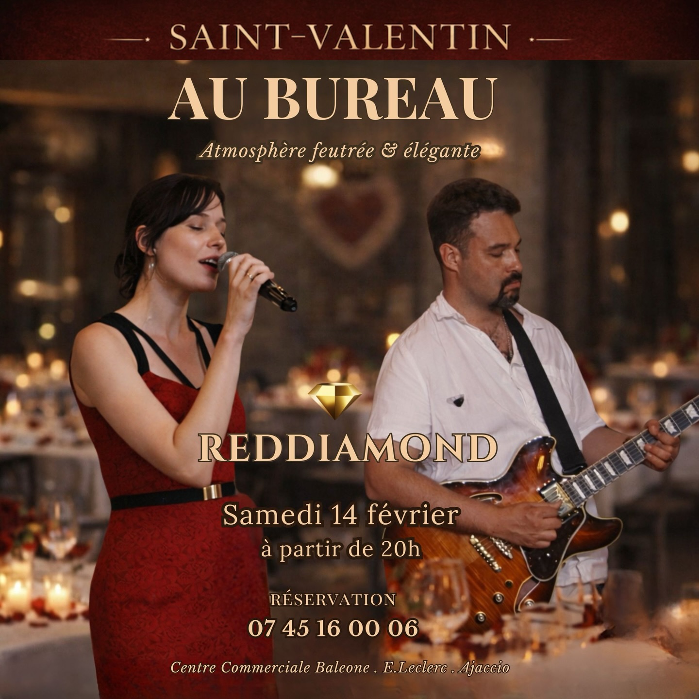 ✨ Saint-Valentin au Bureau ✨
Le samedi 14 février, laissez-vous porter par une atmosphère feutrée pour célébrer l’amour.
REDDIAMOND vous accompagne en musique live, entre jazz, blues et douceur, pour une soirée pleine d’émotion et de partage 💫
Une parenthèse musicale raffinée, idéale pour un dîner en amoureux ou une soirée chaleureuse.
📍 Au Bureau – Centre Commercial Baleone (E.Leclerc), Ajaccio
🗓 Samedi 14 février
🕗 À partir de 20h
Réservations : 07 45 16 00 06
💎 Au plaisir de partager ce moment avec vous.
#SaintValentin
#Ajaccio
#SoireeMusicale
#MusiqueLive
#JazzLive