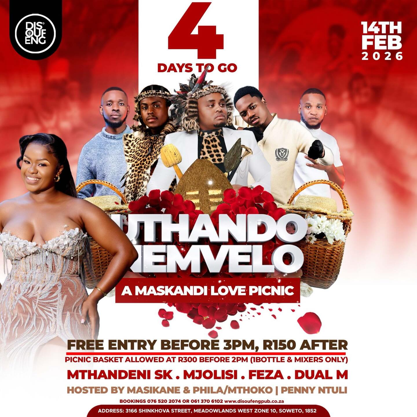 🚨🚨🚨 4 DAYS TO GO! 🚨🚨🚨
We’re counting down to the Maskandi Love Picnic 🔥🤌🏽
Get ready for “Uthando Nomvelo” 🌹❤️
A day of love, music & beautiful vibes ✨
🎟 FREE ENTRY before 3PM
🎟 R150 after 3PM
🧺 Bring Your Own Basket – R300 (before 2PM)
Includes entry for 2, 1 bottle & mixers 🍾
Let’s celebrate love the Maskandi way 🎶❤️
#UthandoNomvelo #valentinespicnic
