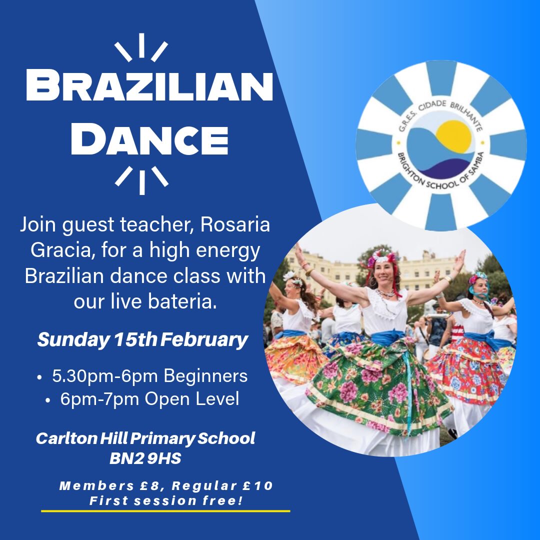 Join guest instructor Rosaria Gracia for a Brazilian dance class this Sunday. Beginners and warm-up session from 5:30-6pm with Winnie, followed by Rosaria from 6-7pm.
Rosaria is an award winning dance artist, choreographer, movement director, and Brighton dance legend. Blending elements samba no pé and Afro Brazilian dance, the class will be awesome fun and suitable for all levels.
Join us now! First session free. #brighton #samba #sambadance #braziliandance #brazil