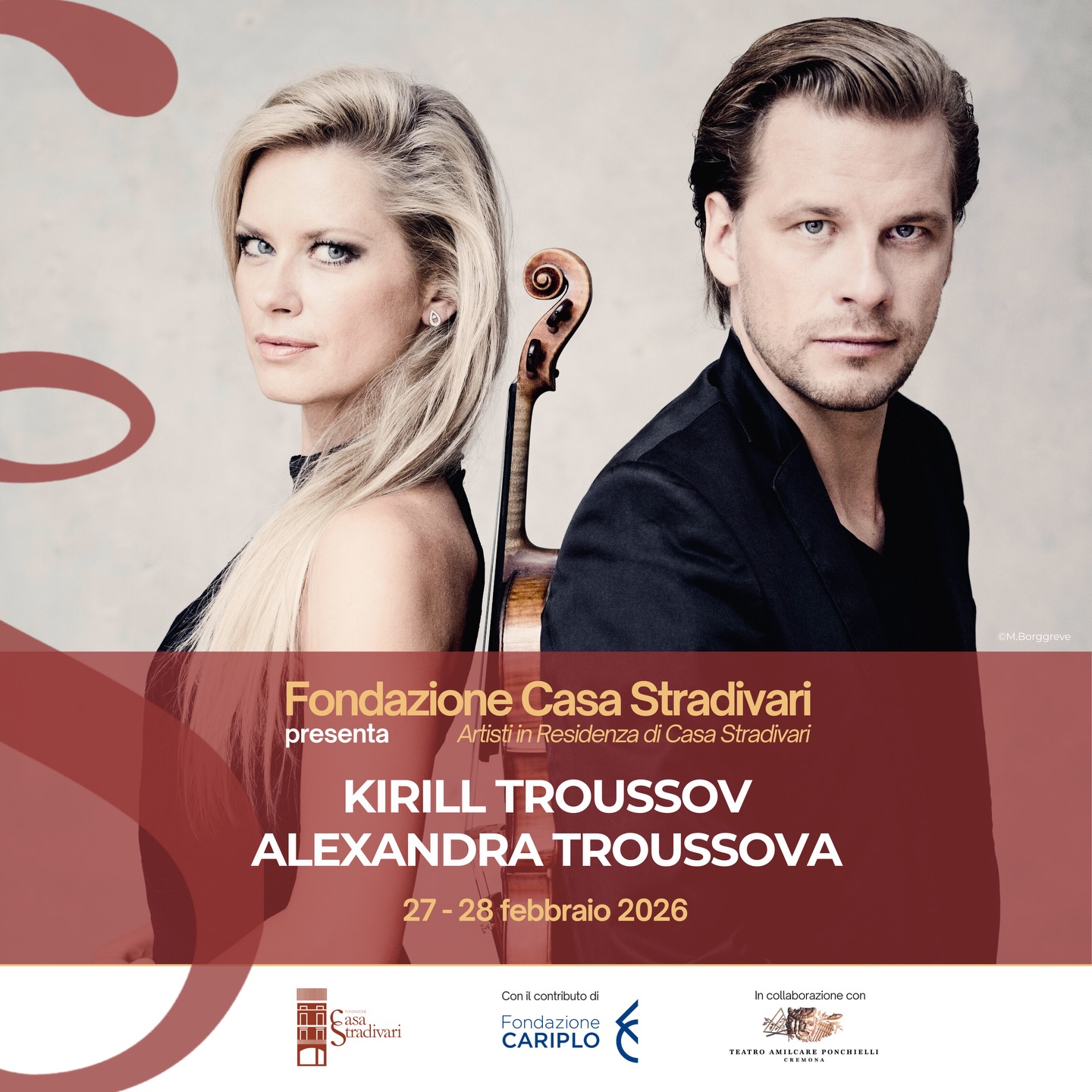 Kirill Troussov (@kirilltroussov) e Alexandra Troussova inaugurano l’edizione 2026 di “Artisti in Residenza di Casa Stradivari” con due giorni dedicati a liuteria e musica, in collaborazione con Fondazione Teatro A. Ponchielli di Cremona (@teatroponchiellicremona).
🎻 27 febbraio – Masterclass di violino e tavola rotonda al Ridotto del Teatro A. Ponchielli
🎼 28 febbraio – Concerto al Teatro A. Ponchielli di Cremona
Il progetto “Artisti in Residenza di Casa Stradivari” è sostenuto da Fondazione Cariplo (@fondazione_cariplo).
⸻
Kirill Troussov (@kirilltroussov) and Alexandra Troussova open the 2026 edition of “Casa Stradivari Artists in Residence” with two days dedicated to lutherie and music, in collaboration with Fondazione Teatro A. Ponchielli in Cremona (@teatroponchiellicremona).
🎻 27 February – Violin masterclass and roundtable discussion at the Ridotto of Teatro A. Ponchielli
🎼 28 February – Concert at Teatro A. Ponchielli, Cremona
The “Casa Stradivari Artists in Residence” project is supported by Fondazione Cariplo (@fondazione_cariplo).
#CasaStradivari #conFondazioneCariplo #KirillTroussov #AlexandraTroussova #Cremona