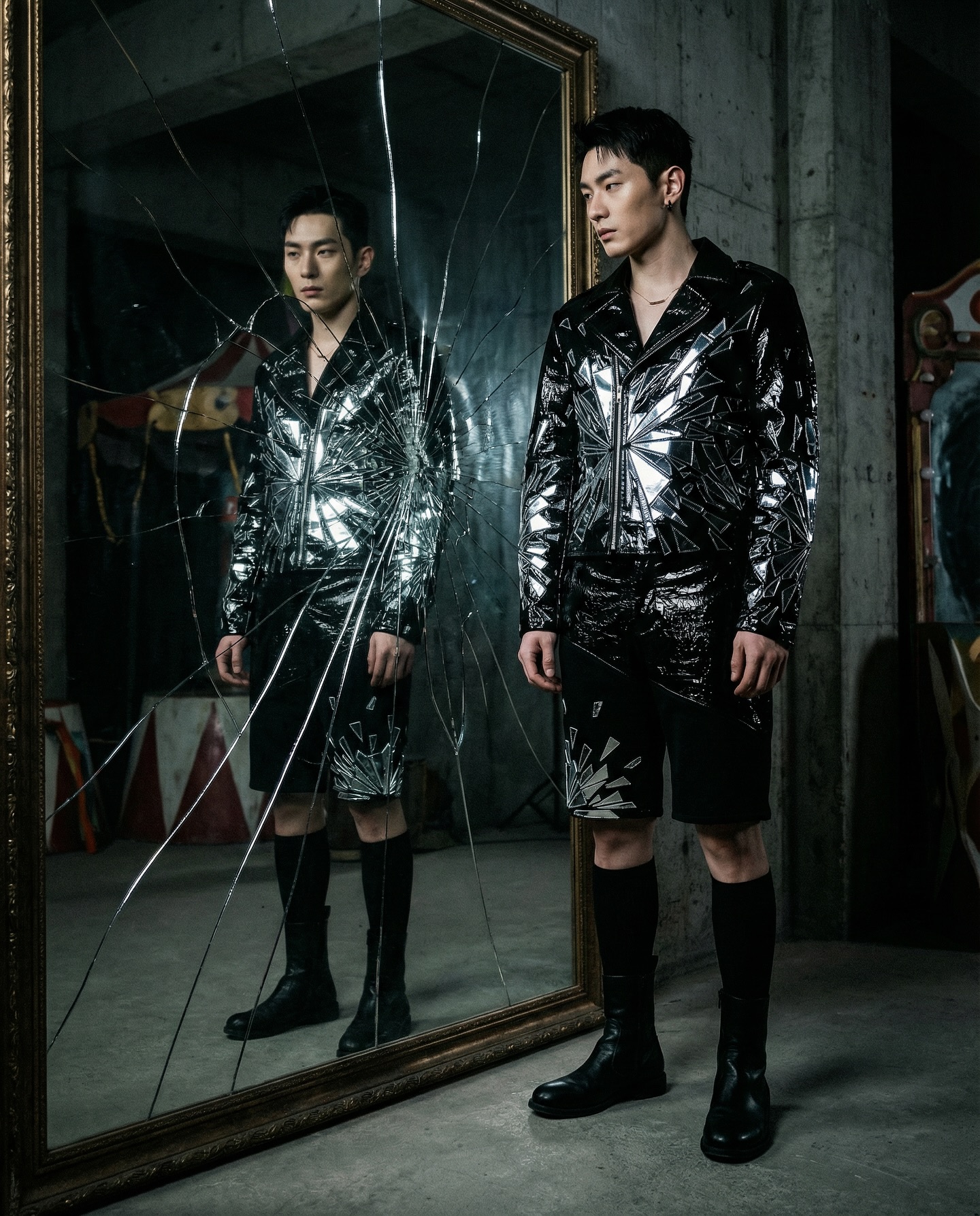 Welcome to the circus - Close up of the broken mirror perfecto and short pants
.
Fashion @romaintheveninparis
.
#fashion #romaintheveninparis #soookycarnival