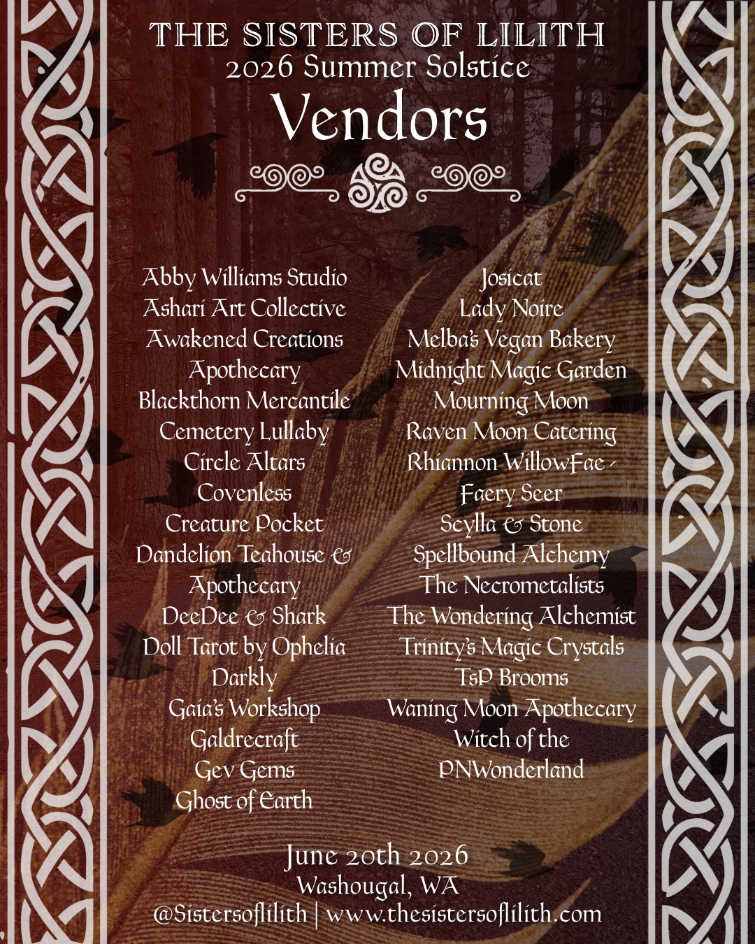 Our June 20th vendor lineup is officially 30 strong!
This year, we honor The Morrigan, and we have curated a group of empowering vendors whose work reflects her complex, transformative energy.
From botanical wonders to ancient crafts, this community is ready to welcome the Summer Solstice with power.
Join the Feast: We are opening a final call for ONE food vendor to complete our lineup. If your food is made with intention and you want to stand with the Sisters of Lilith, we want to hear from you.
Presale tickets go live March 20th!
Be sure to keep an eye out for announcements of Performers and Workshops to be held at this year's event!
#TheMorrigan #SummerSolstice2026 #GoddessEnergy #WarriorQueen #Sovereignty #SistersOfLilith #WomenOwnedBusiness