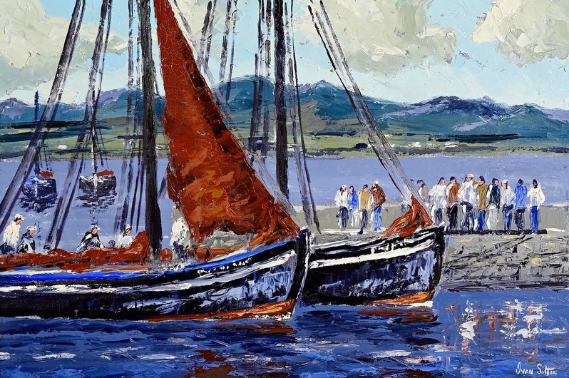 “EARLY ARRIVALS, Galway Hookers, CRUINNIU NA mBAD FESTIVAL. ROUNDSTONE. CO. GALWAY. Lot 88. Morgan O’Driscoll Art Auction. Mon 23/2/26. Oils. 20/30ins. Guide €1500. Bids now Online or Phone bids 086 2472425. Lot 88