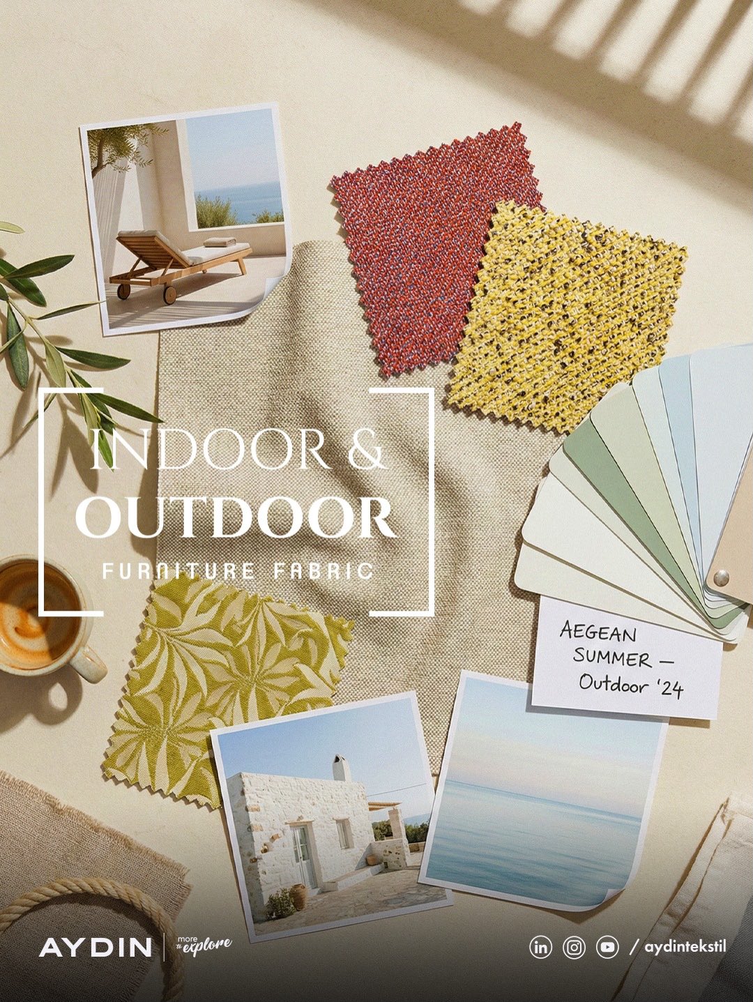Indoor comfort. Outdoor resilience. ☁️💪
Texture, color, and durability in perfect harmony. Our latest mood boards are a love letter to summer living. 🐚🌿
✨ High UV resistance
✨ Water repellent
Discover the “More to Explore” philosophy with AYDIN.
#TextileTrends #OutdoorDesign #LuxuryFabrics #AydinTekstil #MoodBoard DesignInspiration SummerReady FurnitureFabric 🎨✨
