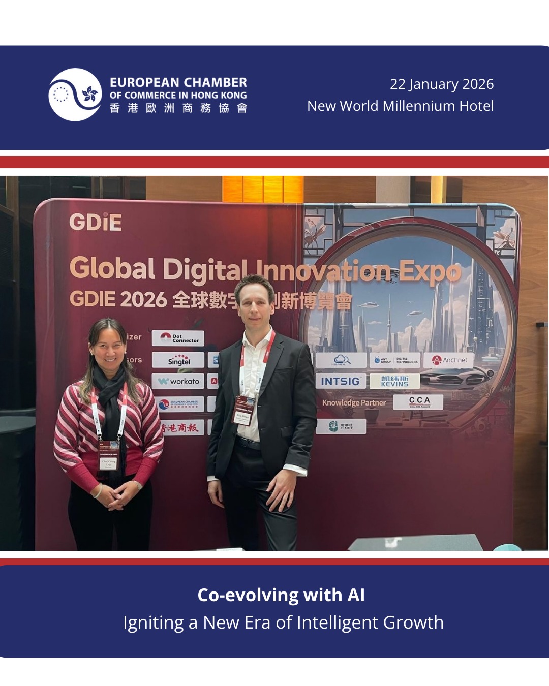 On 22 January 2026, the inaugural stop of GDIE Hong Kong was successfully held at the New World Millennium Hotel. Under the theme “Co-evolving with AI · Igniting a New Era of Intelligent Growth,” the event brought together some of the most forward-thinking leaders and innovators in digital transformation with 200+ C-level executives, including 80% from Hong Kong–based enterprises (regional MNC headquarters and local conglomerates) and 20% from Chinese Mainland companies expanding globally.
Key Insights were shared on scaling AI at the enterprise level, real-time decision-making in retail, the enterprise AI stack and cybersecurity in the era of AI.
We are grateful to the industry leaders for their outstanding contributions.
🌏 After Hong Kong, GDIE will stop over:
Shanghai (April)
San Francisco (June)
Singapore (August)
Japan (November)
Dubai (January 2027)
EuroCham wishes great success to GDIE in their Global Tour!
#GDIE2026
#InnovationLeadership
#DigitalTransformation
#BusinessTransformation
