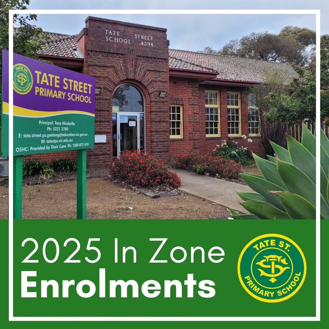 If you are located within the boundaries of Tate Street PS and are yet to enrol your child, please visit our front office to complete an enrolment application form as soon as possible. We are in the process of confirming our class structure for 2025, which heavily relies on our indicative in zone Prep enrolments.
Our boundary extends from Ryrie Street/Portarlington Rd, along Boundary Rd, across to Carr St, reaching across St. Albans Rd to Garden St and Normanby St. If you’re unsure, please check your location on Find my School (findmyschool.vic.gov.au).
Tate Street PS families and community members, please share this post on your social platforms so we can reach as many community members and families as possible!