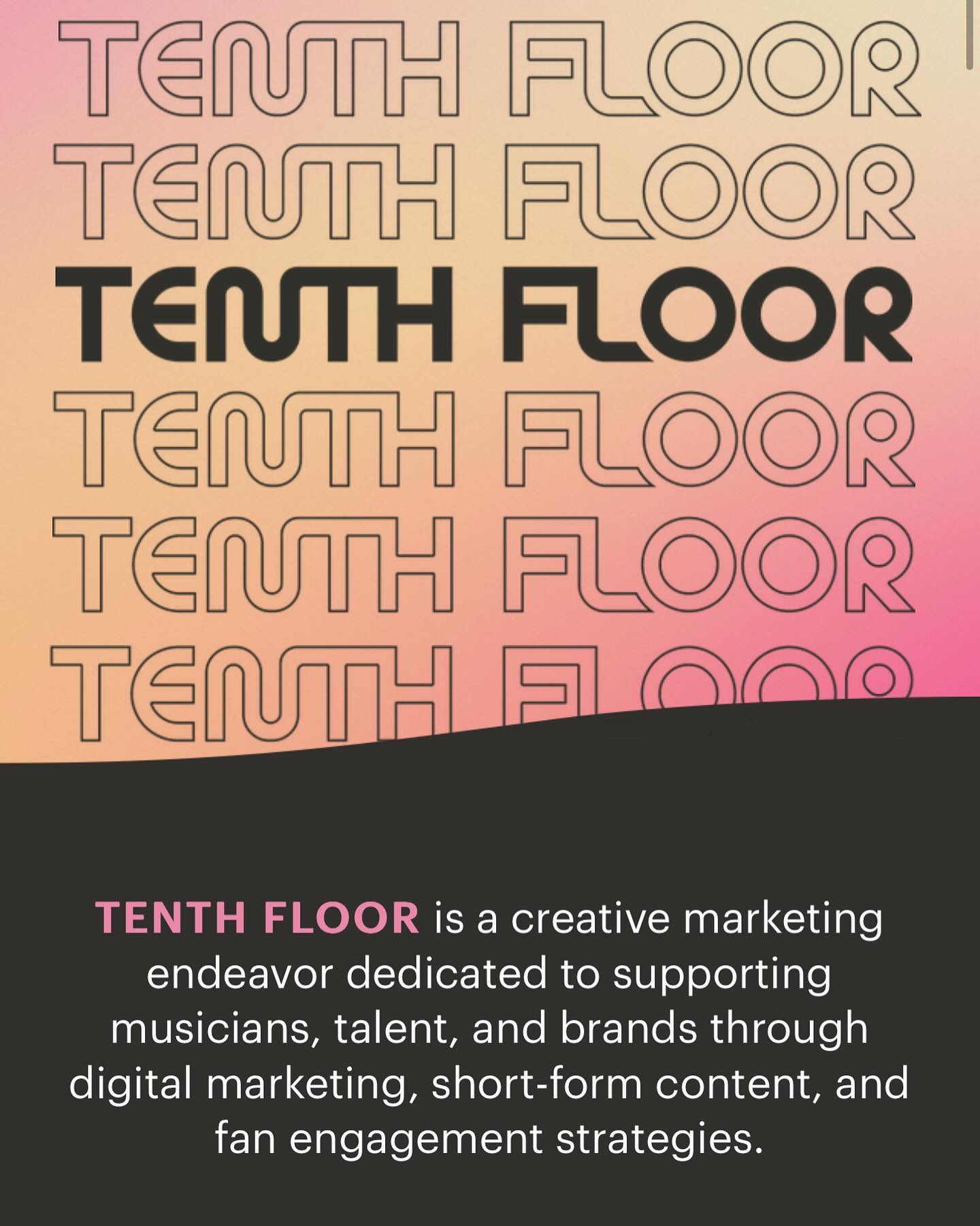 Celebrating the (almost) one-year anniversary of TENTH FLOOR with a brand new website and new case studies! 💻✨
Being overly mysterious is boring. On our website, you can find out more about:
✊ Our Mission: A cheesy lil' motto we remind ourselves of for everything we do
🎥 Our Capabilities: Social media management, content strategy, etc...a menu, if you will...
📊 Our Case Studies: Just a few examples of what we've been working on and what we've helped our partners achieve thus far (more to come!)
🔊 Our Experience: Not a full resumé (we won't bore you), just a blurb to get to know who you'll be working with a bit better!
Check it out at www.tenthfloor.co. More info in our deck (by request)!
#musicindustry #socialmedia #agency #freelance