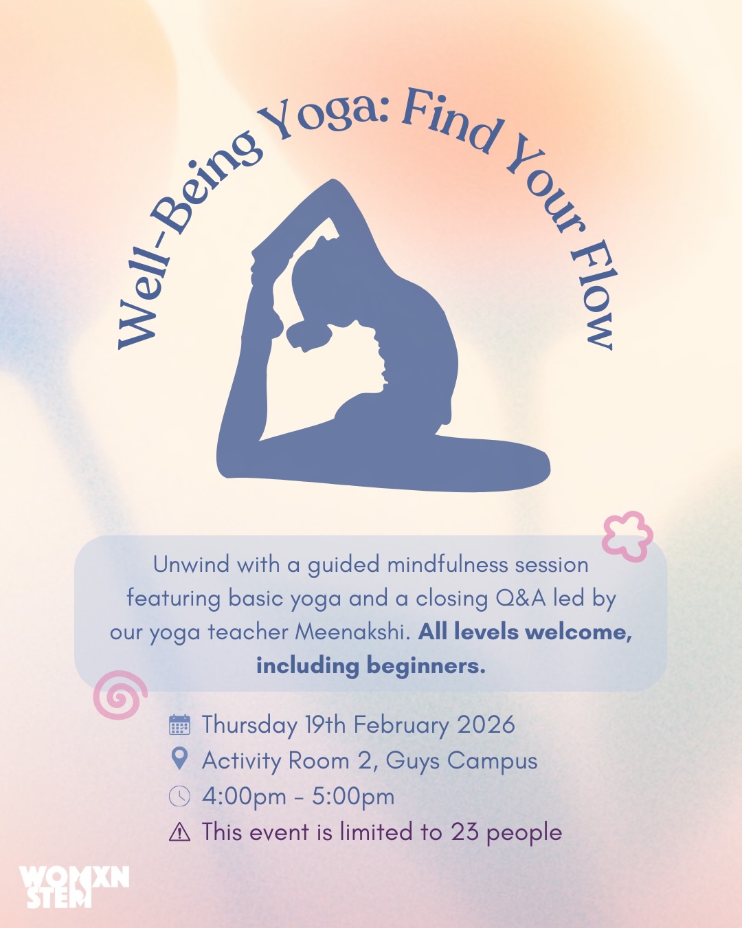 Take a break from your busy schedule and treat yourself to a mindfulness event! 🧘♀️
Our yoga teacher, Meenakshi, will begin the practice with some basic yoga poses, introduce the Surya Namaskar (सूर्यनमस्कार, “Sūryanamaskāra” - Sun Salutation), move into pranayama (प्राणायाम, “Prāṇāyāma” - Controlling the Breath), and end the session with a Q&A.
The session is open to everyone - please feel free to join if you do not have any experience doing yoga.
📅 Thursday 19th February 2026
📍Activity Room 2, Guys Campus
🕦 4:00pm - 5:00pm
‼️ This event is limited to 23 people
Scan the QR code to sign up or click the link in bio!