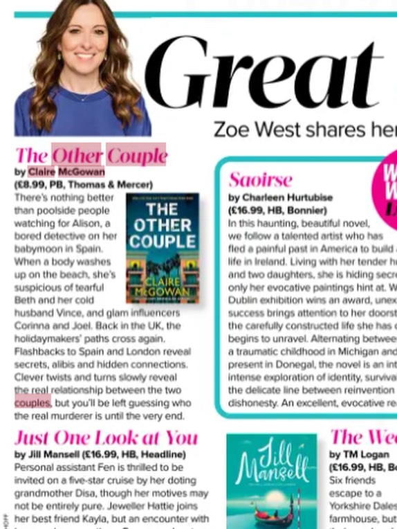 This week has brought several really nice reviews of The Other Couple- thank you @zoeannewest and @mattnixson ! Never gets old. #thriller #clairemcgowan #crimefiction