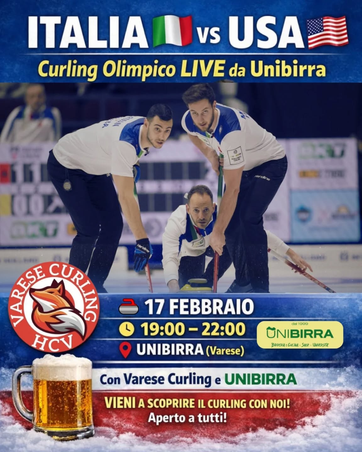 🥌🔥 Serata Olimpica di Curling da Unibirra! 🇮🇹
Il 17 febbraio ci troviamo da @unibirra insieme al Varese Curling per vivere in diretta la sfida olimpica della nazionale maschile 🇮🇹 contro gli USA!
📺 Guarderemo la partita live, la commenteremo insieme e… potrete anche provare il curling da tavolo per entrare davvero nel clima olimpico!
🗓 Quando: martedì 17 febbraio
⏰ Orario: dalle 19:00 alle 22:00
📍 Dove: Unibirra - Via Duca degli Abruzzi 130
Che siate appassionati, curiosi o semplicemente vogliate passare una serata diversa con una buona birra 🍺, vi aspettiamo per tifare insieme! 💙🥌
#VareseCurling #varesenews #milanocortina2026 #igersvarese #curling