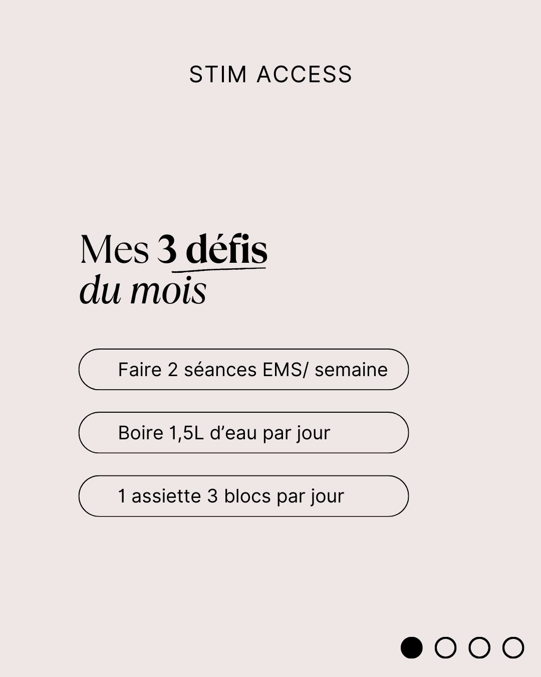 Un peu de challenge chez STIM ACCESS ! ⭐️
Voici les 3 petits défis du mois vers un quotidien plus sain 🧘🏻♀️🧘🏻♂️
Alors, prêt(e) à relever les défis ?
#electrostimulation #ems #salledesport