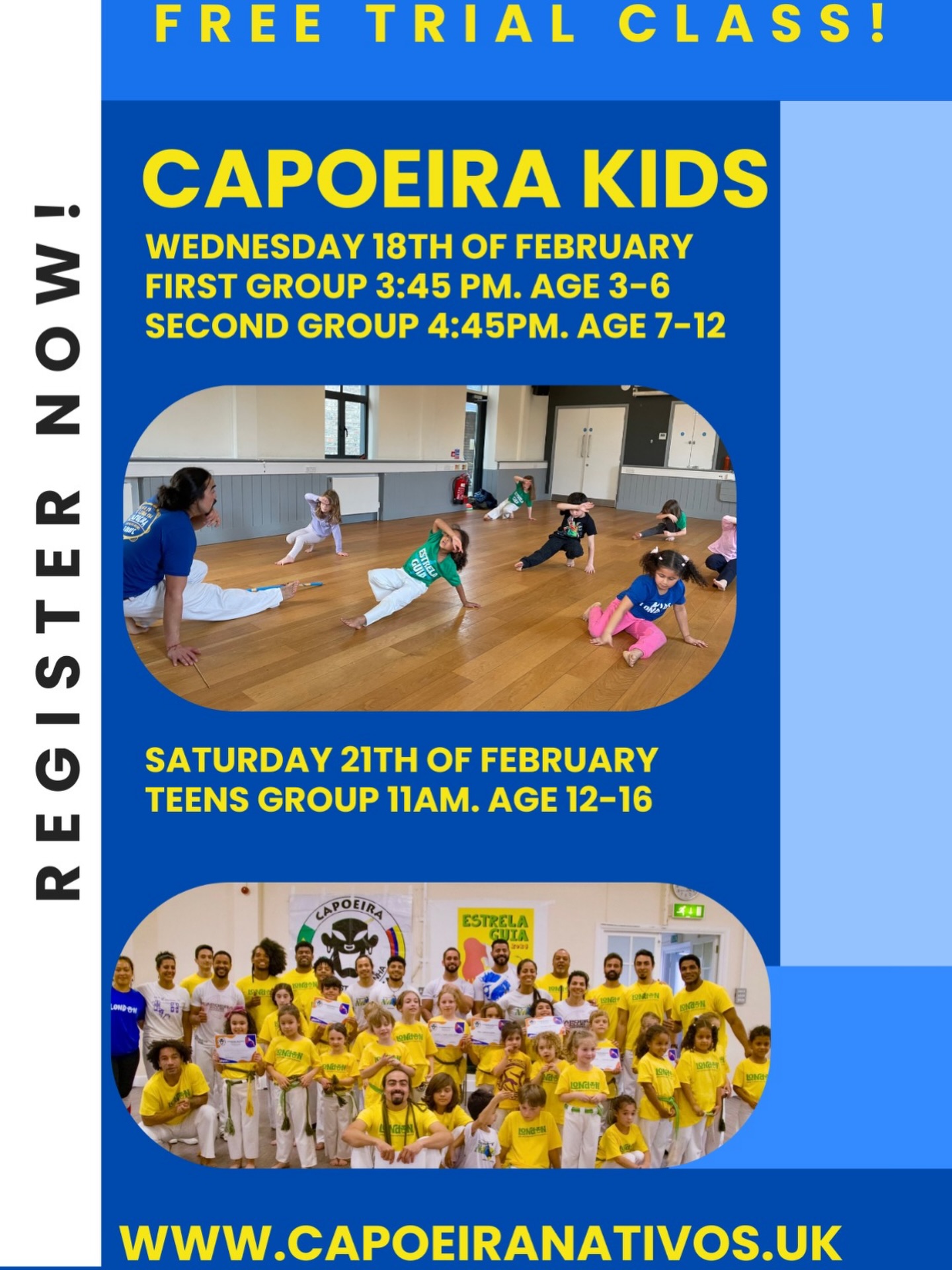 Free trial class for kids age 3 to 12
Wednesday 18th of Feb
Shaftesbury hall
Saturday 21th of Feb
Cypriot community Centre
More info: nativoscapoeira@gmail.com
#boundsgreen #muswellhill #woodgreen #kidsclass
