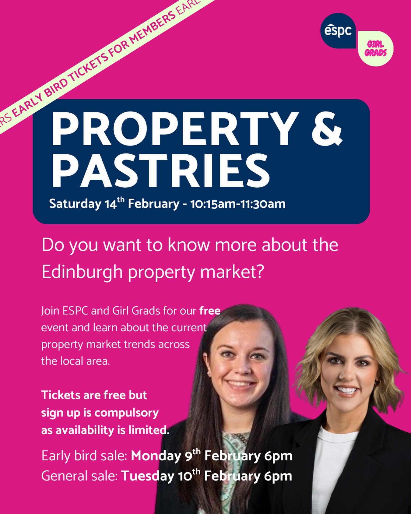 A slightly different run club for us in Edinburgh this Saturday 👇🏻
Property & Pastries with ESPC 🏡
Join us for a 5k run followed by some pastries and property insights about the current market trends across the local area 🩷
The details 👇🏻
🏃♀️ 9:30AM meet at the ESPC lounge
💫 5k run (this is optional - feel free to just join us after at 10:15am for the pastries & property insights)
⏰ 10:15am pastries and property insights from property experts Hannah and Tzana
Tickets are free 👇🏻
🎟️ Early bird member tickets live Monday 9th Feb 6pm (via membership portal)
🎫 General sale tickets live Tuesday 10th Feb 6pm
Tickets go live via girlgrads.com
#paidpartnership
