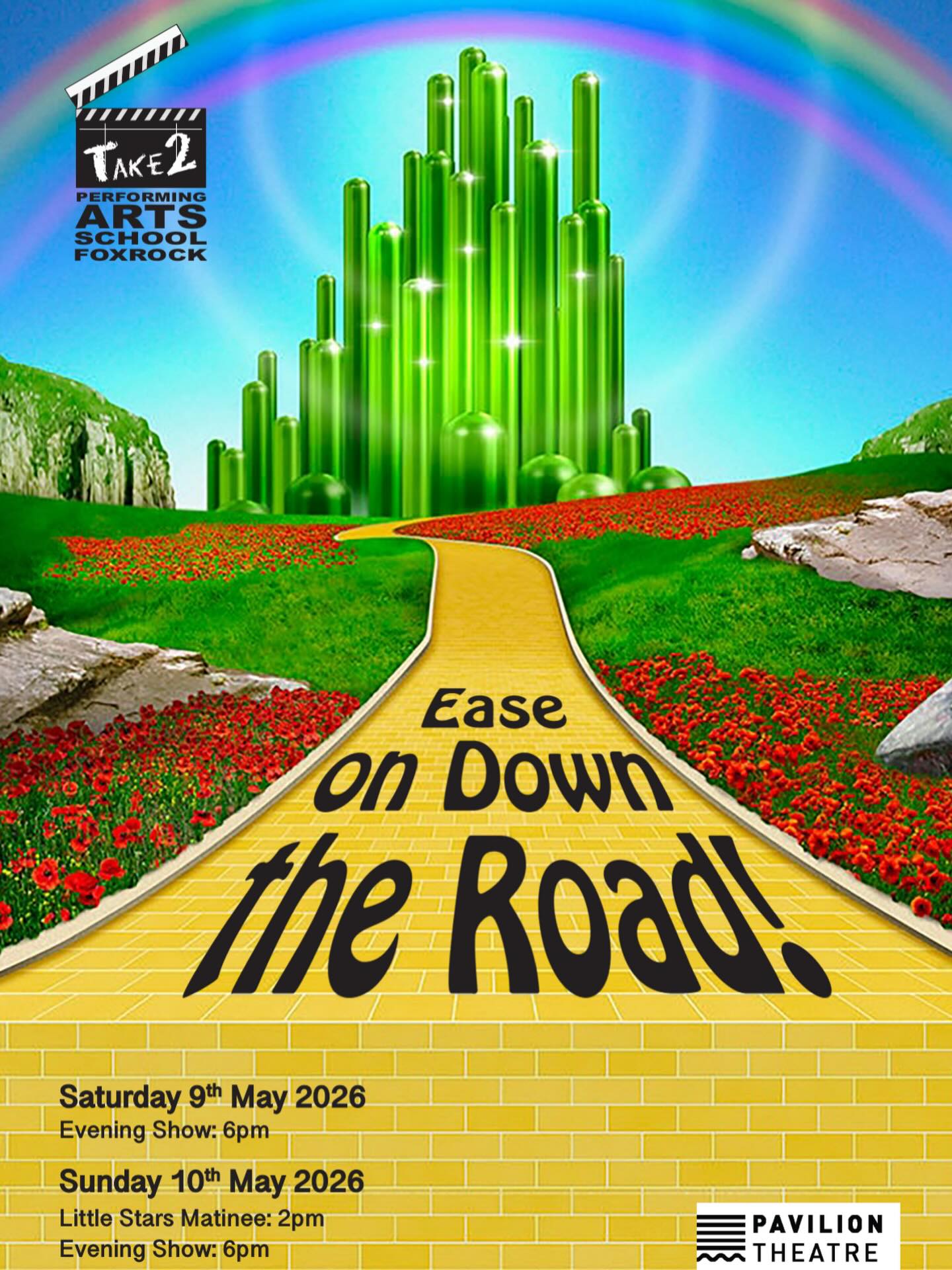 Take2 is South Dublin’s longest running stage school & we are delighted to bring our annual show to the stage. ‘Ease on Down the Road’ is a family musical which follows Dorothy, The Tin-Man, The Scarecrow & The Lion on a Journey of self discovery as they travel to see ‘The Wizard’. Featuring songs from The Wizard of Oz, The Wiz & Wicked and lots more!
Tickets on sale now from the Pavilion Theatre box office.