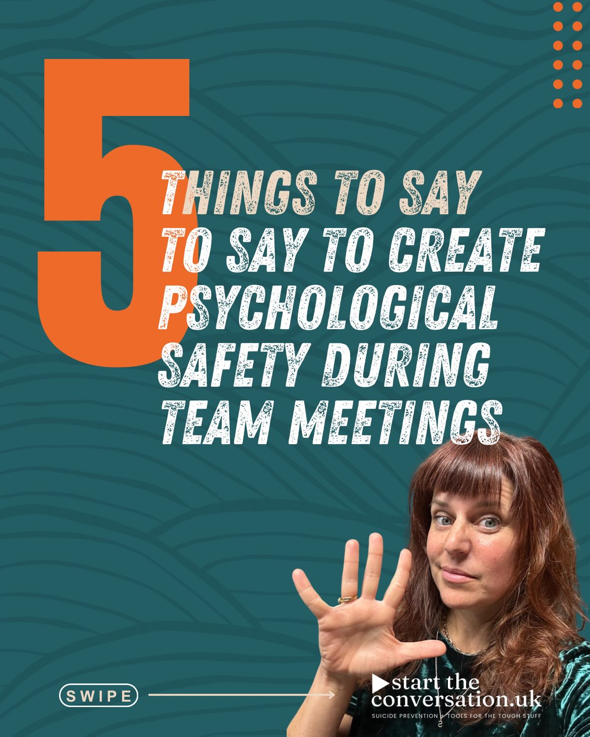 Managers! Leaders! You have the POWER! ⚡
The power to create psychological safety in the rooms you are in.
Or not.
Psychological safety ➡️ connection ➡️ potentially life-saving.
Please use your power wisely.
The wisest way? Share it!
(Power WITH beats power OVER every time.)
Here are 5 things to say to help create psychological safety (and share the power) in team meetings. I hope they are helpful for someone.
Because little shifts in language lead to big shifts in culture.
Your team will thank and reward you - and your workplace will be safer as a result.
#psychologicalsafety #suicideprevention #connection #vulnerability