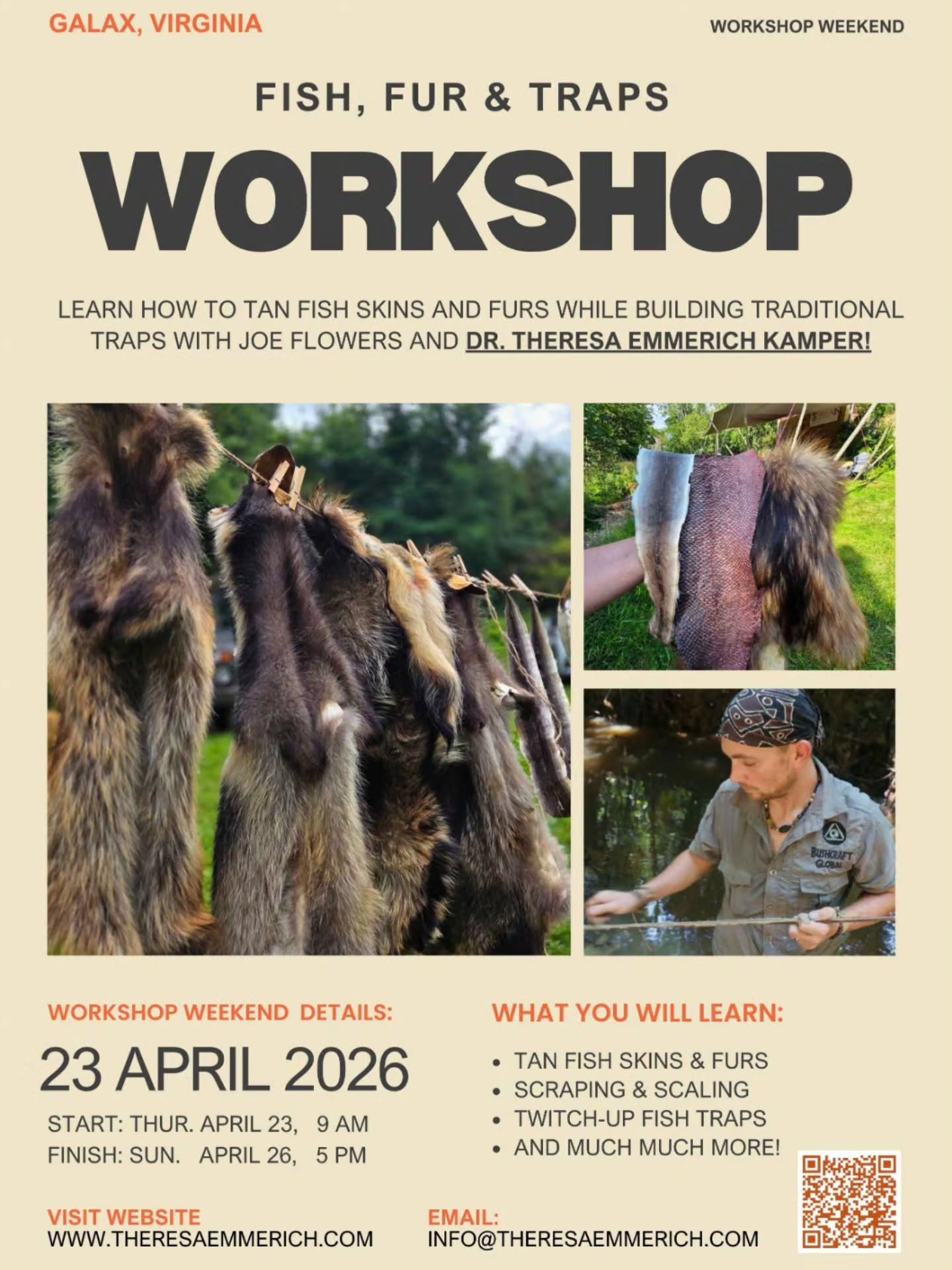Heading to Galax, Virginia, this April for 4 days of Fish, Fur & Traps! 🐟🦊
This workshop, co-taught with Joe Flowers, is going to be a high-energy dive into all things Fish & Fur related! From the delicate process of scraping fish skins and the not so delicate process of softening furs to building functional traps. It’s going to be a hands-on, immersive 4 days!
A look at what we'll be doing:
Tanning: Learn to vegetable tan fish skins and fat tan furs.
Get into the details of scraping, scaling, dressing, pH, and loads more.....
Traps: Learn to build traditional twitch-up fish traps and put them to the test in a stocked pond.
There will be plenty of information coming your way as well as a bit of madness and mayhem! And you'll go home with a finished fur, fish skins, and the knowledge of how to continue tanning and trapping at home!
The Details:
📅 Dates: April 23 – 26, 2026
📍 Location: Galax, Virginia
⏰ Times: Starts Thursday at 9 AM and finishes Sunday at 5 PM
All the details and registration info are on my website. Link in Bio!
I can't wait to see you there! 🌿