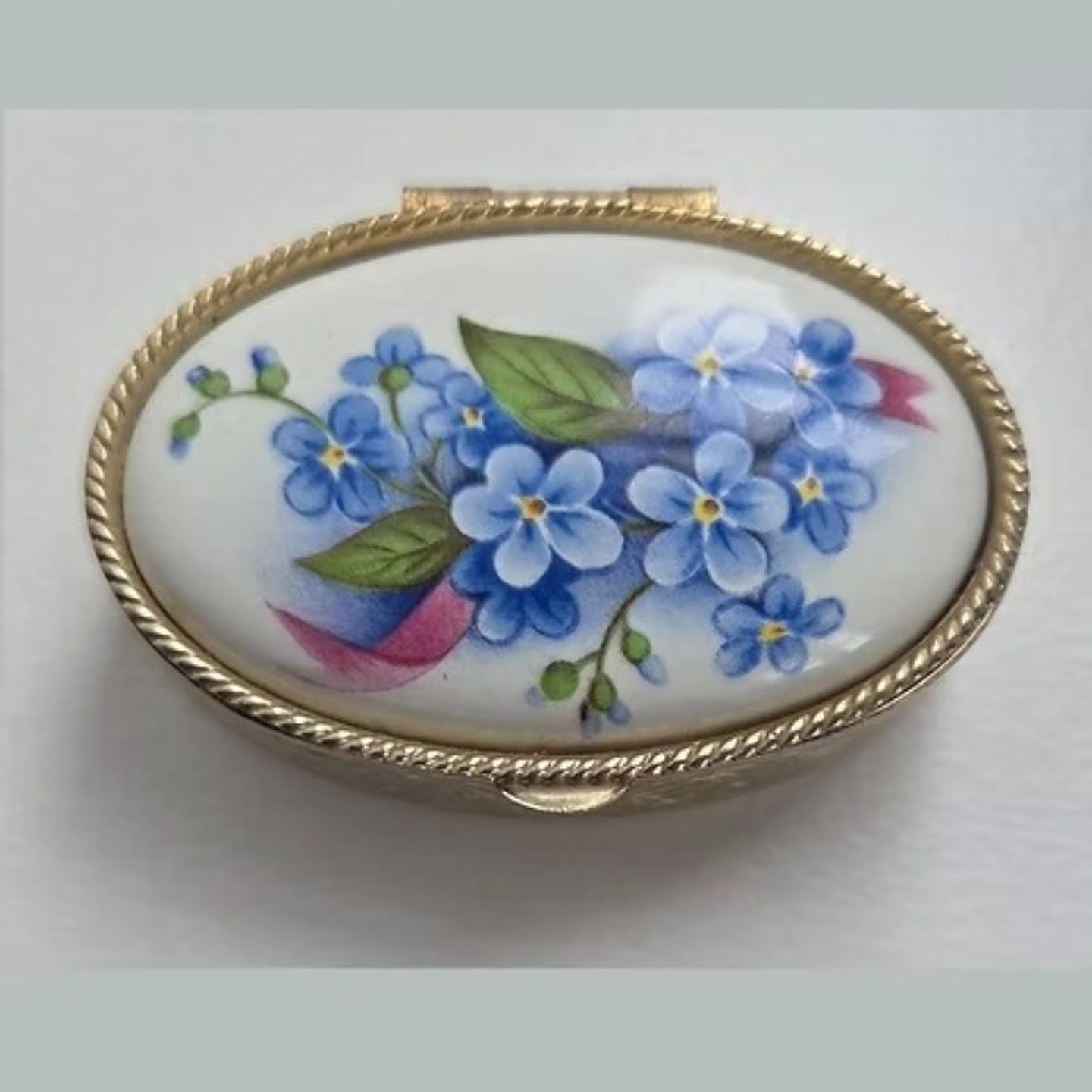 Vintage Italian Pill Box with Forget-Me-Not Porcelain Lid Gilt Metal Trinket Box | https://share.google/3Bx6ZPwn4u6v4vqnL #italy #stufftoyouandme