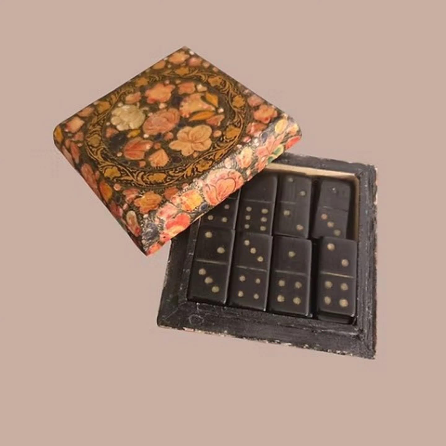 Victorian Floral Lacquer Box with Ebony Wood Dominoes | https://share.google/0FJn8x0kbRnYuOmaE #stufftoyouandme