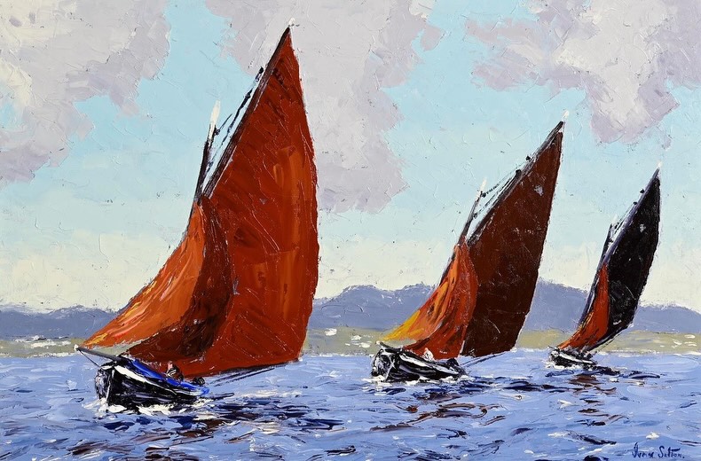 MORGAN O’DRISCOLL AUCTION Mon 23/2/26. Lot 51 “ WINDY DAY. GALWAY HOOKERS, ROUNDSTONE BAY”. Oils. 20/30ins. Guide €1500/2500. View and bid online. Phone bidding 086 2472425