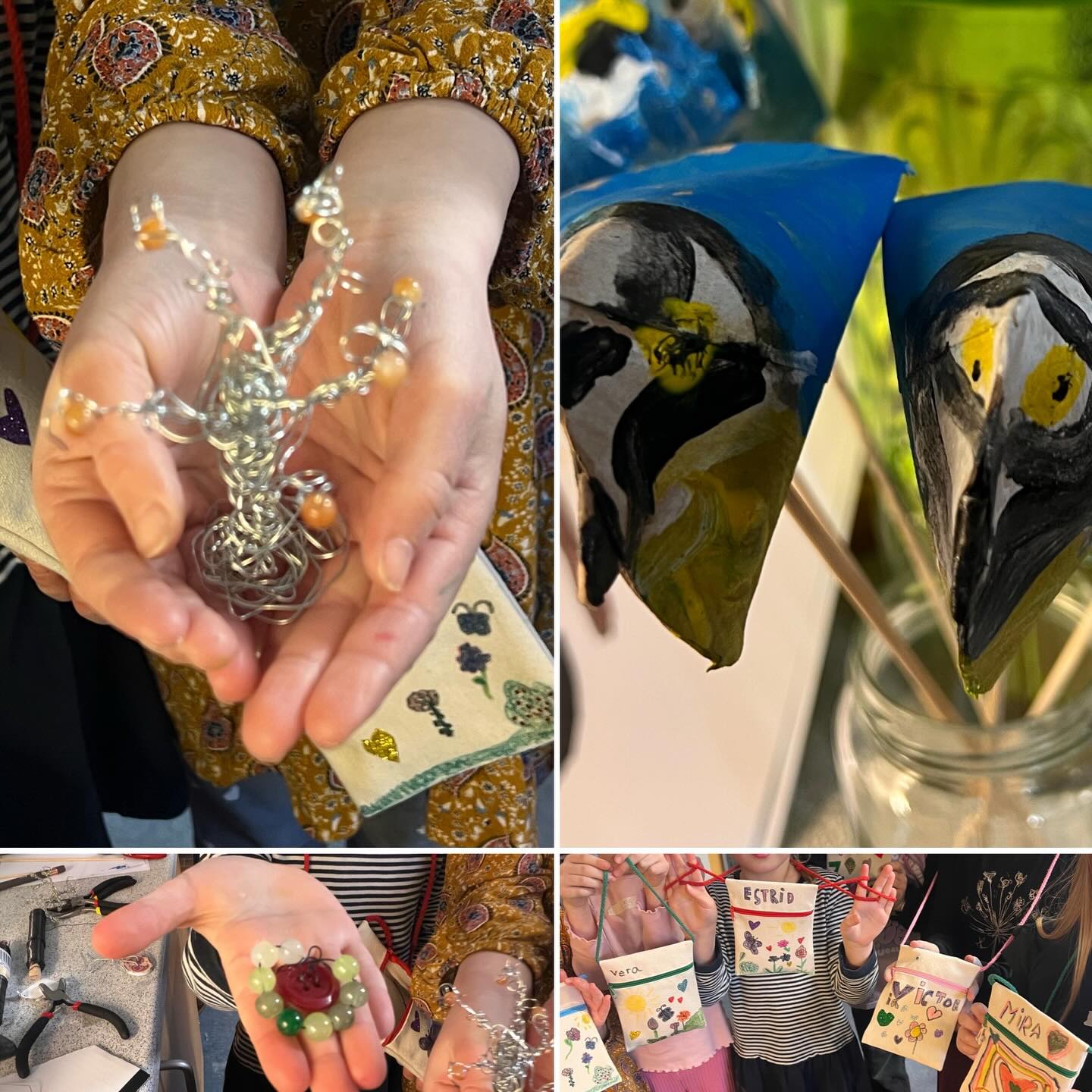 Ferieaktiviteter for børn i samarbejde med #vejlekommune. Det store gaveræs v2. Vi lavede pengekat til os selv eller heldige Frederikke som får en i fødselsdagsgave. Og fine fugle til potteplanterne og metaltråd skulpturer. De sejeste børn! #kunstkompas #vejlekommune #krea #ferieaktiviteter