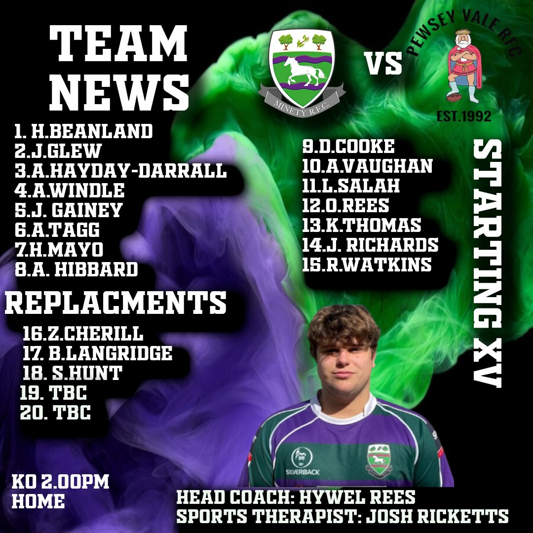 Here’s your Minety team to face Pewsey at home 🏉
It’s always a great contest between the sides and we’re expecting another big battle. Get yourselves down, bring the noise, and back the boys!
