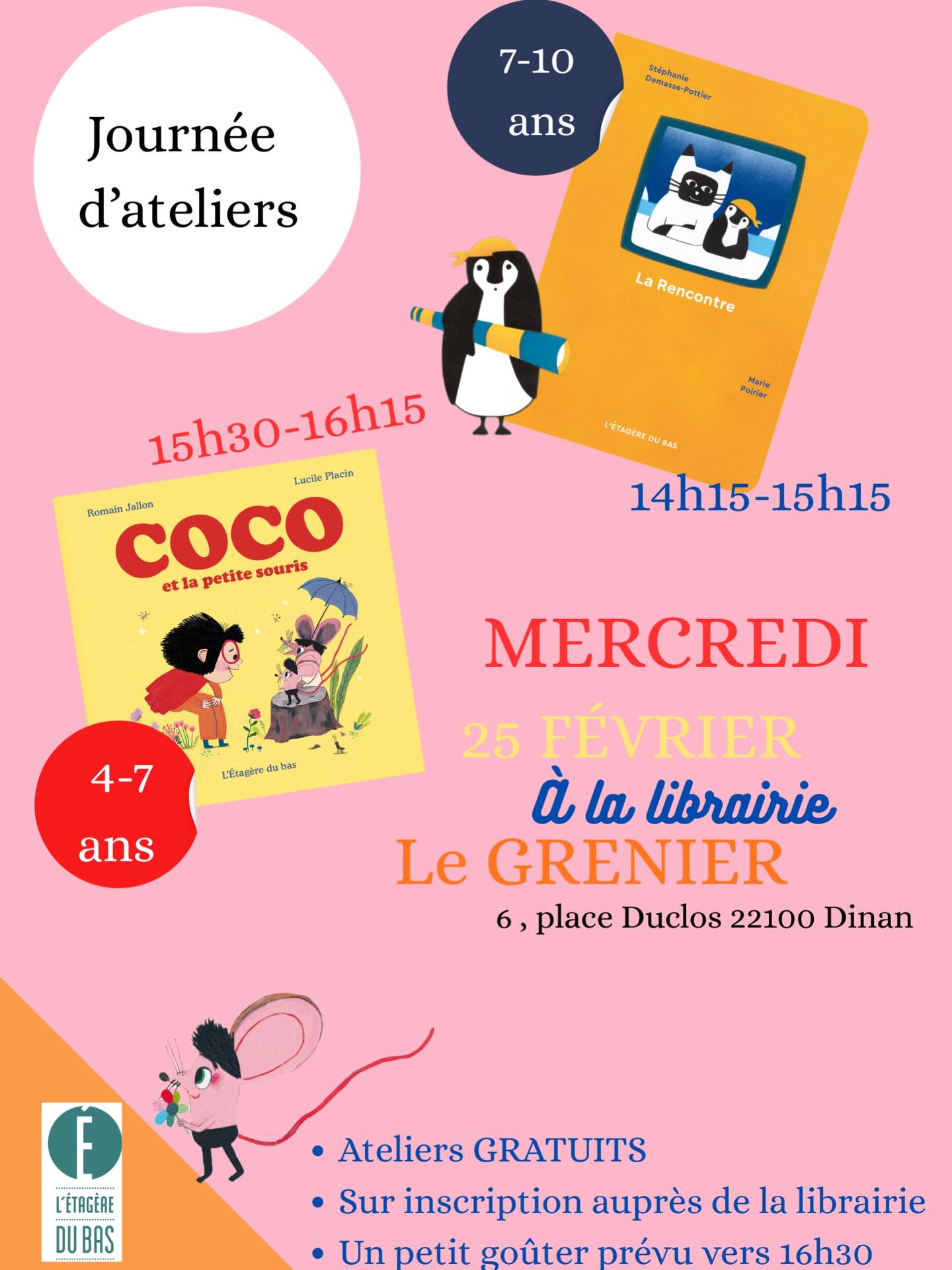 Rendez-vous à Dinan mercredi prochain !
Lecture d’album, activité créative et un petit goûter vous attendent à la @librairielegrenier :)
• pour les 7-10 ans, de 14h15 à 15h15, création autour d’une banquise colorée et galerie de portraits
• pour les 4-7 ans, de 15h30 à 16h30, fabrication d’une souris avec plein de matériaux différents: papier crépon, fil chenille, pompons, tissus, etc.
Les ateliers sont gratuits, mais sur inscription auprès de la librairie. On se voit là-bas !
#letageredubas #librairielegrenier #dinan #litteraturejeunesse #atelierpourenfants