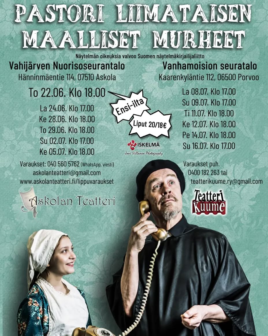 Pastori Liimataisen maallisia murheita pääsee seuraamaan kohta, sillä ensi-iltaan on enää alle kuukausi🤩 Varaahan lippusi ajoissa!
#theatre #teatteri
#taide #art #actor #actress #porvoo #kesäteatterikansa #kesä #summer #kulttuuri #kesäteatteri #yhteistyö #comedy #collaboration #culture #humor #haha