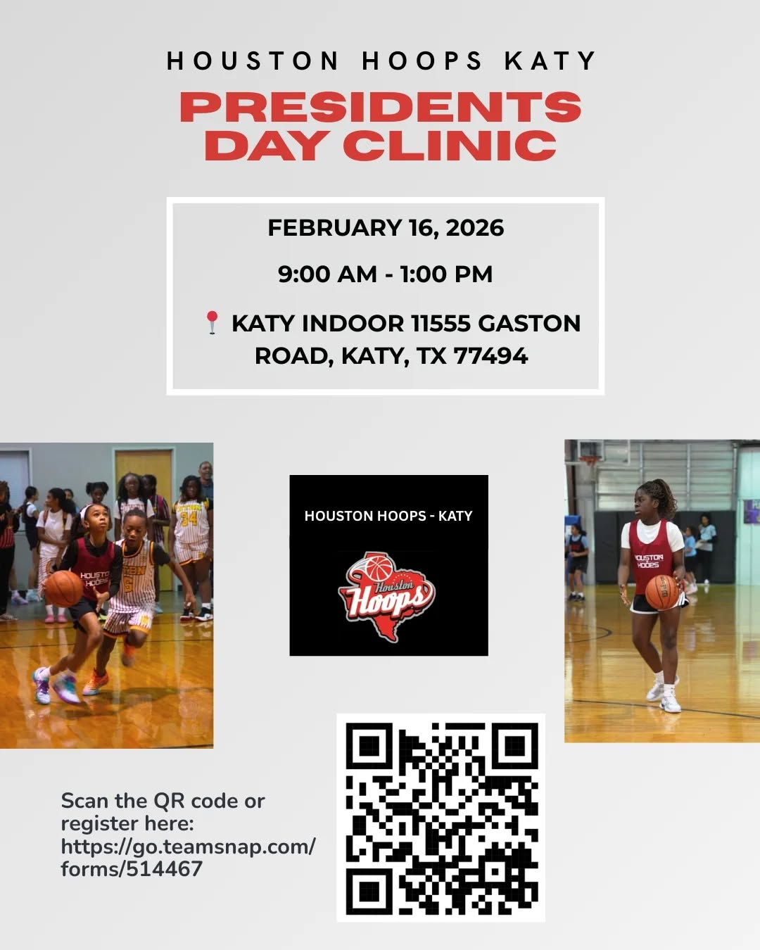 Get ready to ball out at the Houston Hoops Katy Presidents Day Clinic on Feb 16, 2026! 🏀💥 Join us from 9 AM – 1 PM at Katy Indoor for skills, drills & game vibes! 🔥
Scan the QR or hit 👉 https://go.teamsnap.com/forms/514467 to lock your spot!
#HoustonHoops #PresidentsDayClinic #Basketball #KatyTX