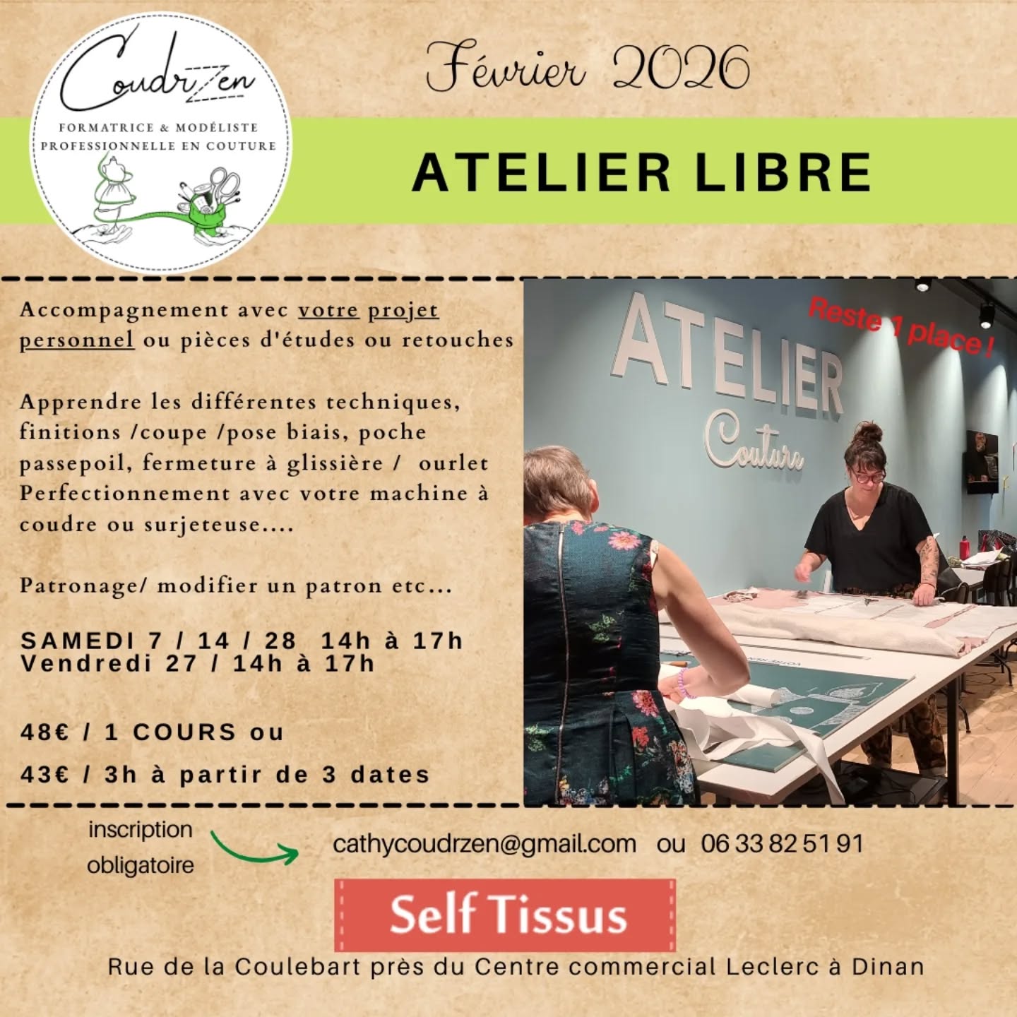Toujours possible de vous inscrire car il reste que quelques places pour les ateliers libres chez Self Tissus à Dinan. Contactez moi au 06 33 82 51 91 ou cathycoudrzen@gmail.com 😃