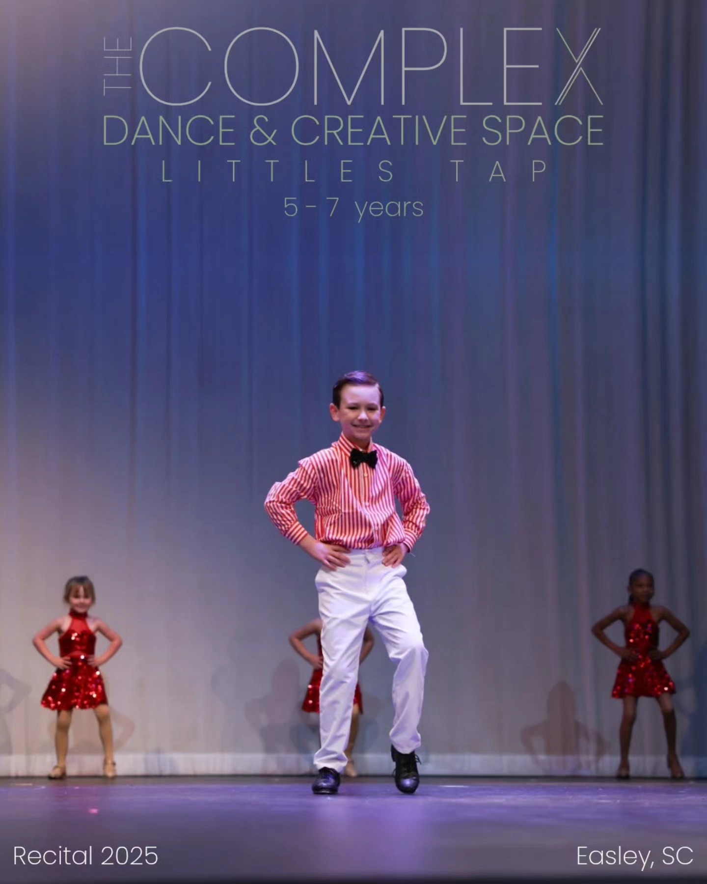 Enrollment is open for LITTLES TAP (ages 5-7) at The Complex Dance & Creative Space in Easley SC.
.
our tap classes offer a spectrum from foundational learning to advanced rhythmic mastery. Whether a beginner eager to grasp the basics or a seasoned tapper seeking to refine their artistry, our experienced instructors guide each dancer on a dynamic journey through tap. Through a combination of engaging exercises, lively choreography, and precision drills, dancers will cultivate their musicality, coordination, and intricate footwork. As they delve into syncopated rhythms, unique tap styles, and complex combinations, each dancer will develop a genuine passion for the vibrant rhythms and expressive beats of tap dance. Join us in this rhythmic exploration, and with dedication, watch your student evolve into a Complex Dancer.