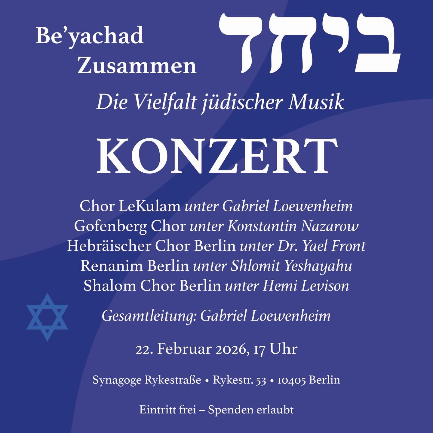 Wir freuen uns, Teil eines so tollen Projekts zu sein und mit so vielen talentierten Musiker*innen aufzutreten 🤗
We are delighted to be part of such a fantastic project and to perform with so many talented musicians 🤗
22. Februar 2026, 17 Uhr, Synagoge Rykestraße