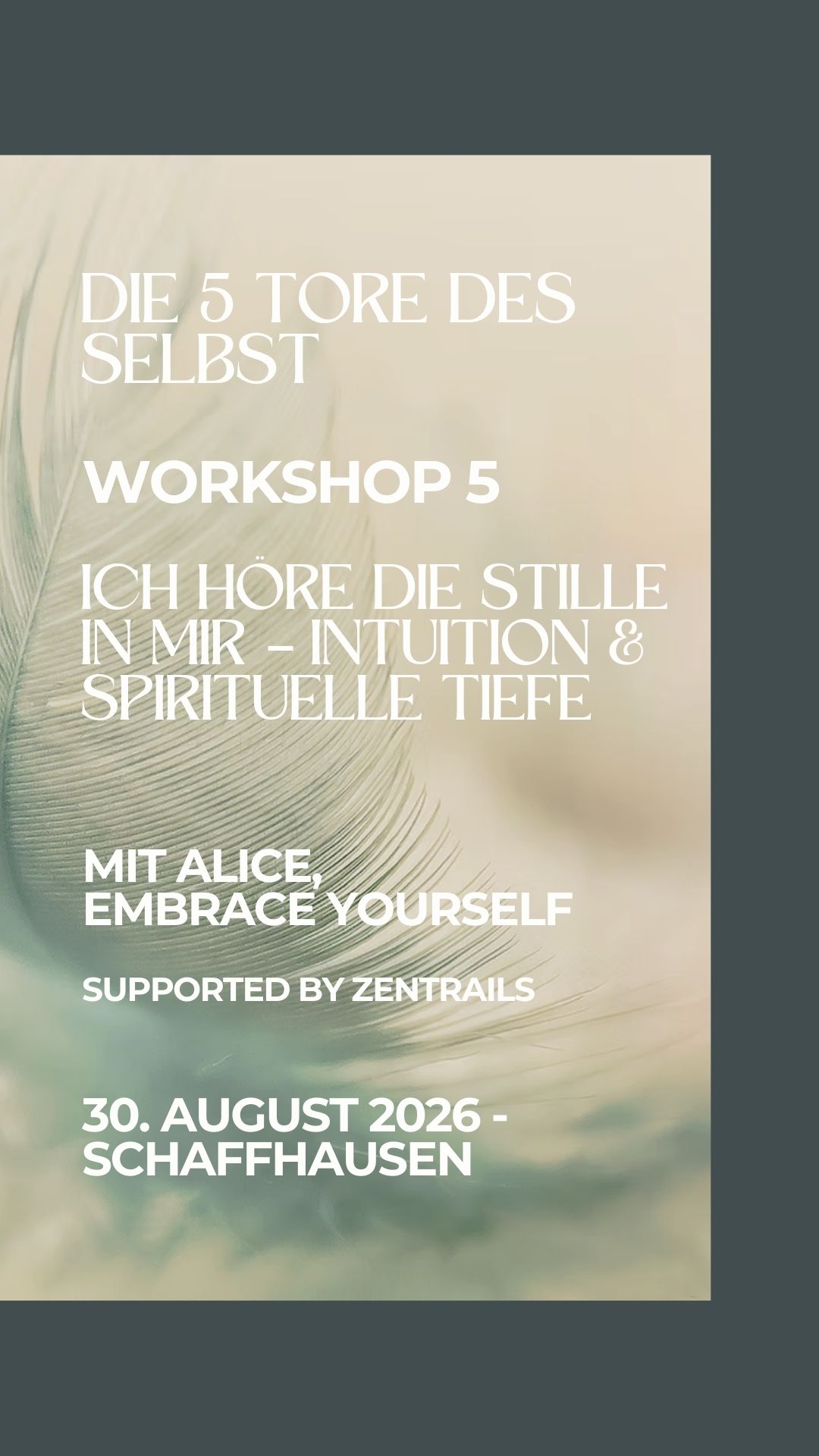 Die 5 Tore des Selbst · Workshop 5
Ein Raum der Stille.
Ein Lauschen nach innen.
Ein Ankommen bei der eigenen inneren Wahrheit.
Workshop von Alice Pedemonte – Embrace Yourself,
unterstützt von ZenTrails.
Ein Raum für Intuition, Verbindung und spirituelle Tiefe.
Ein meditativer Abschluss voller Präsenz.
🗓 30. August 2026 · Live in Schaffhausen
📩 DM für Infos
#Stille #Intuition #InnereTiefe #BewusstSein #Die5ToreDesSelbst