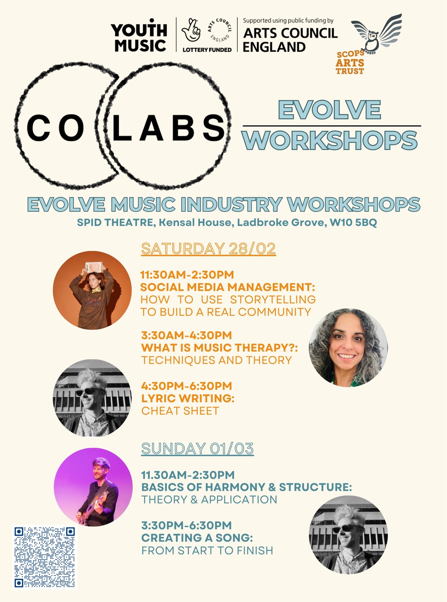 If you have an interest in Music, Community and Development, join Co Labs for a weekend of hands-on workshops designed to support artists at every stage of their journey from writing lyrics and shaping harmony, to building an online presence and finishing songs with purpose.
Across two days, industry practitioners and artists share practical tools, creative approaches, and real-world insight into the many ways a creative life can take shape.
With huge thanks to @youthmusicuk and Scops Arts Trust for making this possible! Scan QR code for more info.