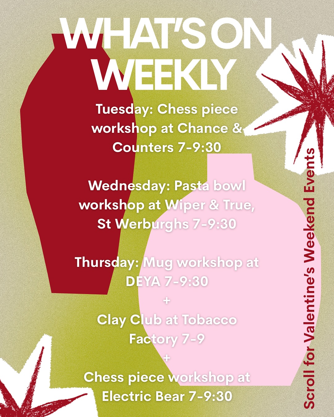 ✨love is in the air! And we are feelin it 🫶🏻✨
✨Come on in we have a bunch of fun projects to learn to make. Our amazing team has been working hard to bring you some fresh and fun workshops to spice up your week. If you wanna get extra spicy - scroll to our valentines events happening all weekend✨
✨tickets are getting snapped up so book now to avoid disappointment✨