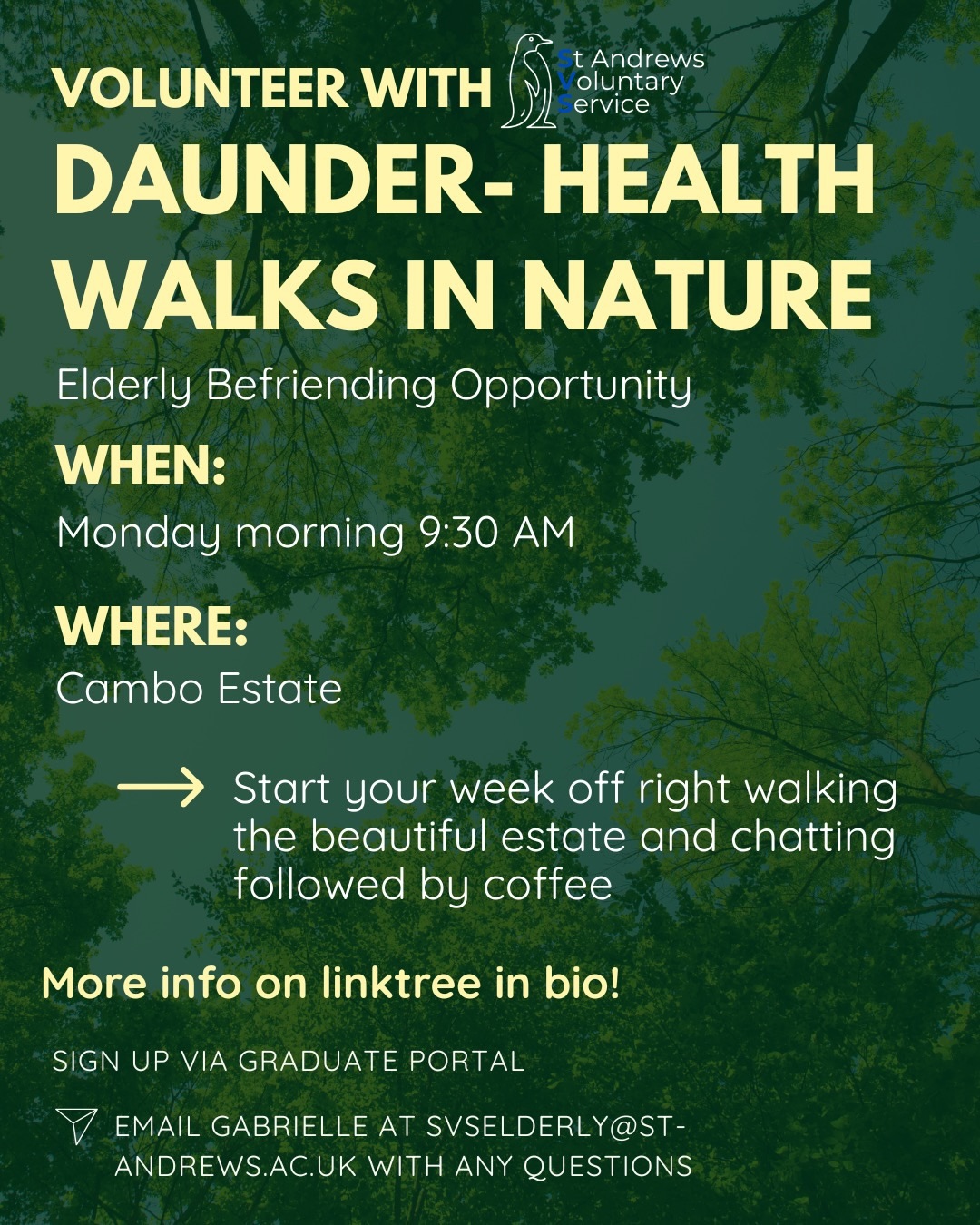 📣NEW PROJECT ALERT!!!📣
We are so excited to introduce a new elderly project with Cambo Gardens!
Start your week off right by walking around the beautiful natural grounds of Cambo Estate and making friends with a group of elderly and guests. The walks are approximately an hour every Monday morning at 9:30 A.M., followed by coffee at the café!
Please read the full project description on the second slide. If you have any questions reach out to elderly project officer Gabrielle at svselderly@st-andrews.ac.uk