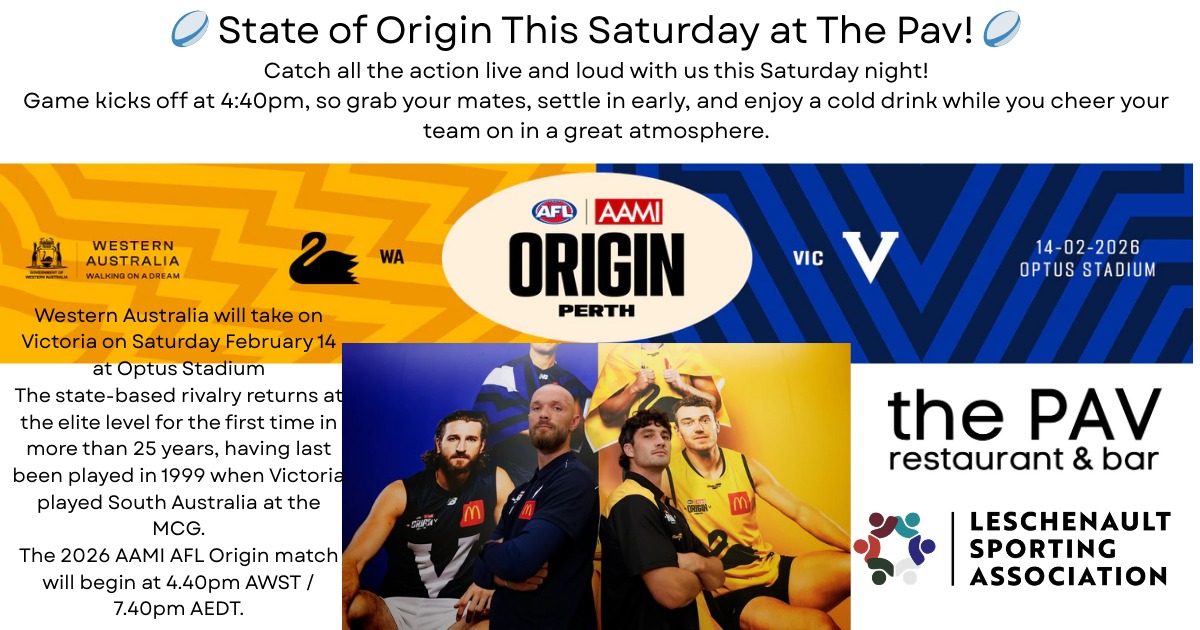 ๐ State of Origin This Saturday at The Pav! ๐
Catch all the action live and loud with us this Saturday night!
Game kicks off at 4:40pm, so grab your mates, settle in early, and enjoy a cold drink while you cheer your team on in a great atmosphere.
โค๏ธ No Valentineโs Day plans?
Spend the evening with us at The Pav โ Restaurant & Bar and celebrate with great food, drinks, and friendly company โ weโve got you covered!
๐ See you Saturday at The Pav