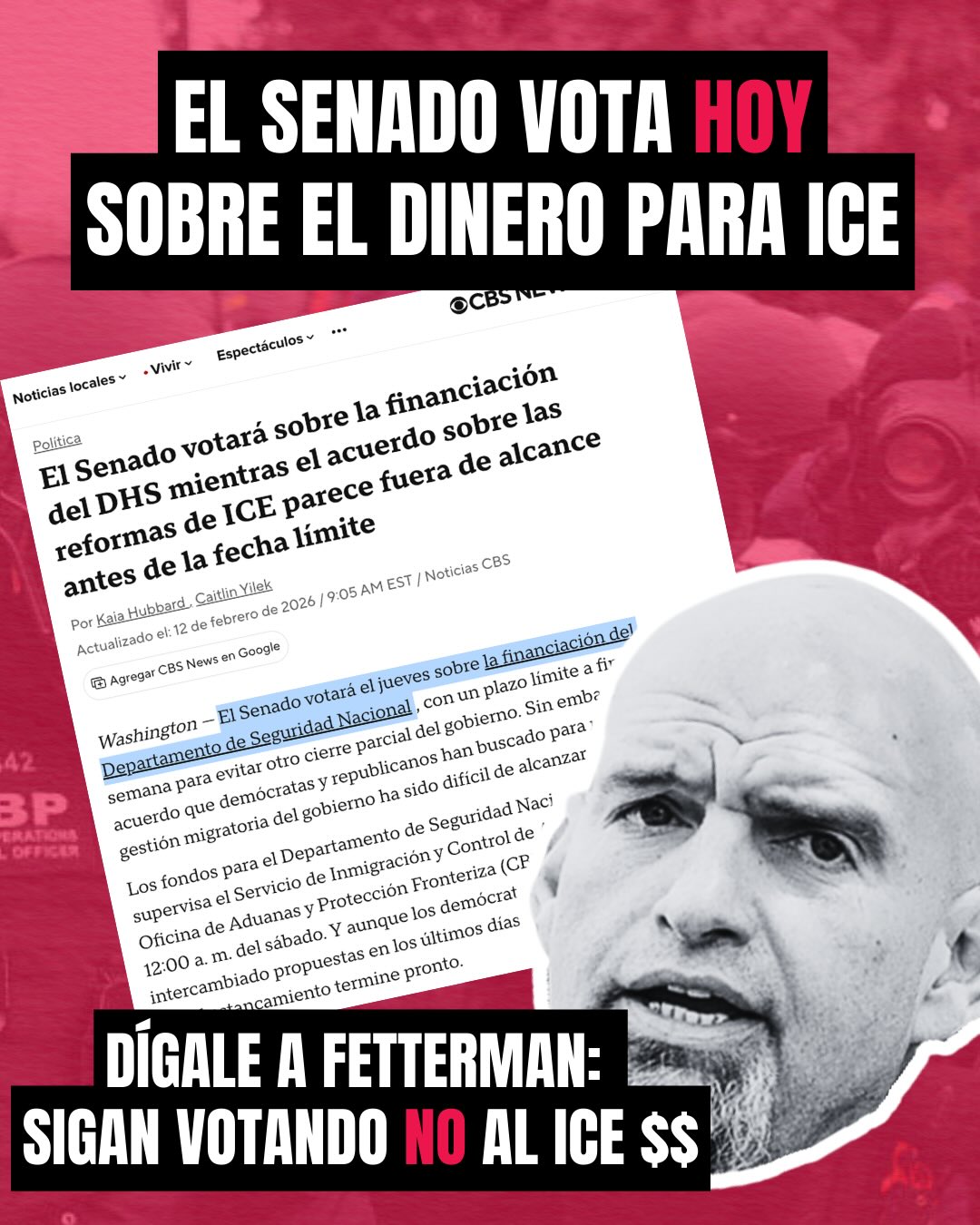 El Senado vota hoy de nuevo sobre la financiación de ICE. ¡Llama a @senfettermanpa y dile que siga votando NO en el dinero para ICE! El Congreso está financiando los asesinatos de ICE, y no podemos quitar el pie del acelerador hasta que ICE esté FUERA. Ya bloqueamos ICE $$$ una vez, hagámoslo de nuevo. ¡Mande un texto que dice “ICE OUT” al número 25463 AHORA!