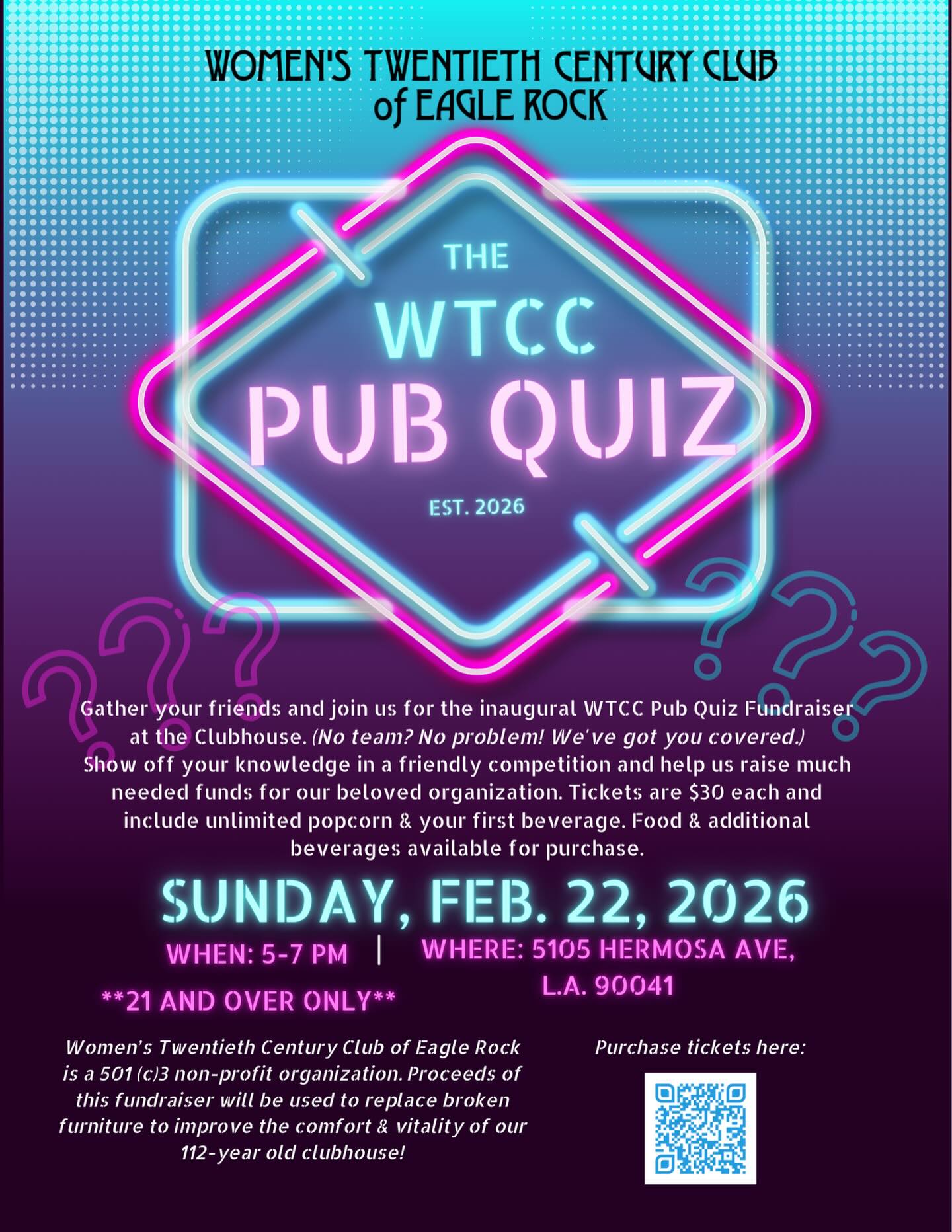 Do you enjoy…
…trivia? 🤔🧐
…visiting registered historic buildings? 🏠
…meeting new people? 👩🏽🦳🧔🏻♂️🧑🏽🦰
…beer? 🍺
…pretzels? 🥨
…showing off your big brain? 🧠
…doing good while you play? 😊
If you answered YES 👍🏻 to any of the above, or have simply been curious about what’s inside that big brown craftsman on the corner of Colorado & Hermosa, join us at @womensclubeaglerock on Sun. 2/22 @ 5pm! Help us put the FUN in FUNdraiser!
🔗 in bio, or head to womenscluber.org for details. Reservations encouraged.
All proceeds go to the Women’s Twentieth Century Club of Eagle Rock, a 501(c)3 nonprofit organization.
#pubquiz #trivianightfun #womensclub #outandaboutineaglerockca #sundayfunday