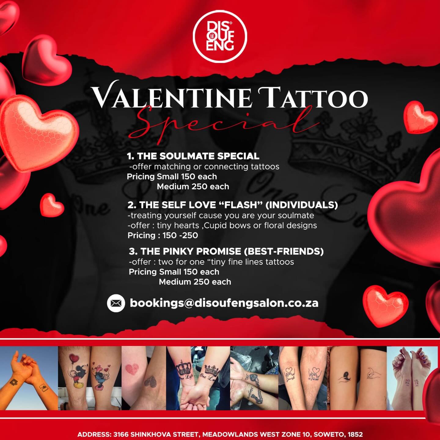 Come through with your partner or bestfriend for a Valentine’s Day matching tattoo ❤️🔥✨
Lock in your spot and make it permanent this year.
Details are on the flyer. Don’t miss out 🖊️💘
Bookings @disoufengpubsalon.co.za