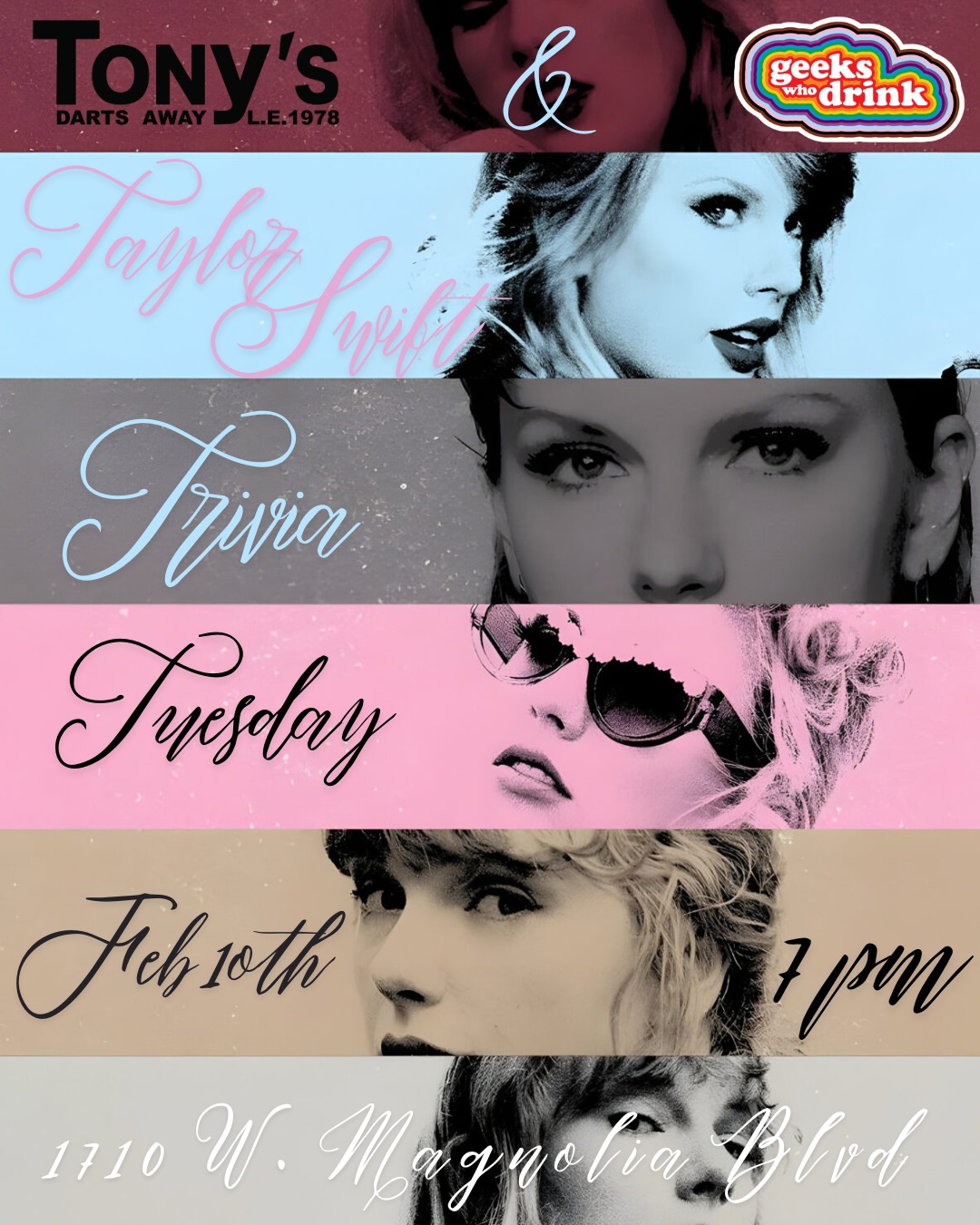 It's time to join the Tortured Quizzers Department...are you ready for it? 🐍 You better be! It's
#TaylorSwift Trivia with @geekswhodrink on Tuesday 2/10, so slip into your favorite Eras outfit, grab your friendship bracelet, and we'll see you at 7PM! 🖤