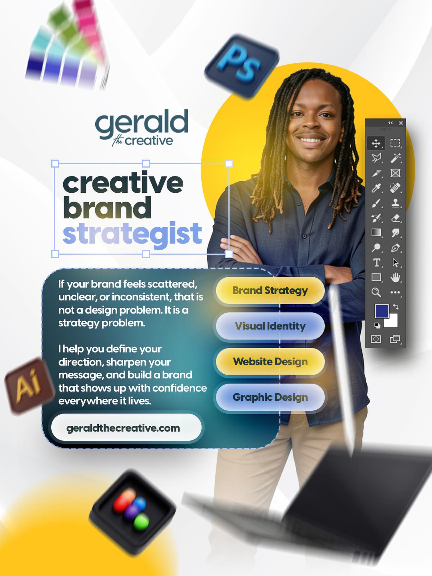 Clarity isn’t optional, it’s the foundation. I’m Gerald the Creative. For over a decade, I’ve helped entrepreneurs and businesses go beyond “just a logo” to build full brands that demand attention. I help turn ideas into identities that scale.
Ready to align your brand? geraldthecreative.com