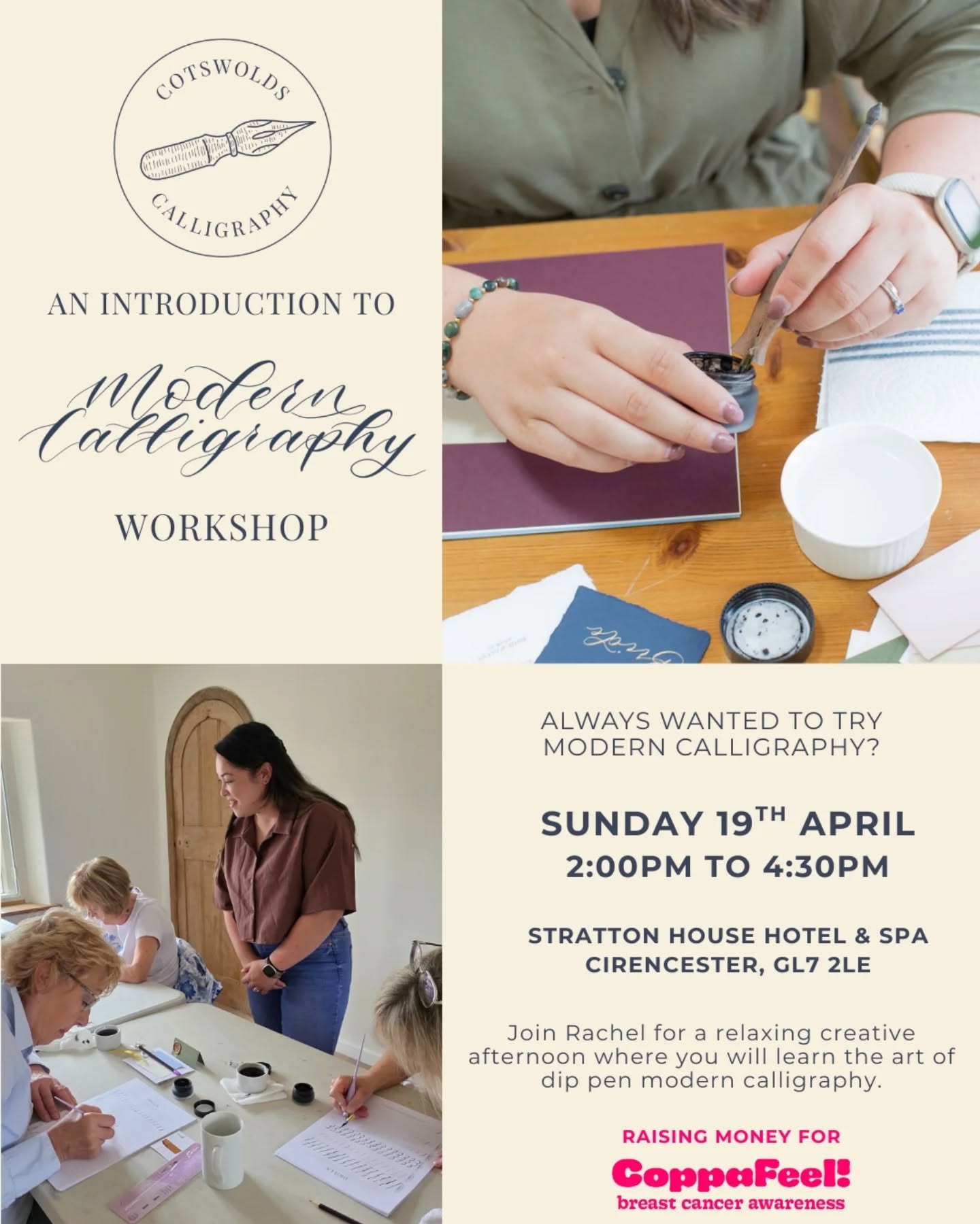 Your gentle reminder to do something just for you 💙
Enjoy a Sunday afternoon learning the art of calligraphy.
Slow down.
Sip something warm.
Learning something beautiful.
My beginner-friendly calligraphy workshop is a little pocket of calm where you can switch off and create beautiful letters. ✒️
No experience needed - come as you are!
Your seat is waiting...
🗓️ Sunday 19th April 2026
⌚ 2:00pm to 4:30pm
📍 Stratton House Hotel & Spa, GL7 2LE
🎟️ £60 per person
☕ Refreshments included
✒️ Your own calligraphy kit to take home included
Book via the link in my bio!
This workshop is raising money for @coppafeel 🩷
#cotswoldscalligraphy #CalligraphyCommunity #calligraphyuk #ModernCalligraphyWorkshop #CalligraphyWorkshop