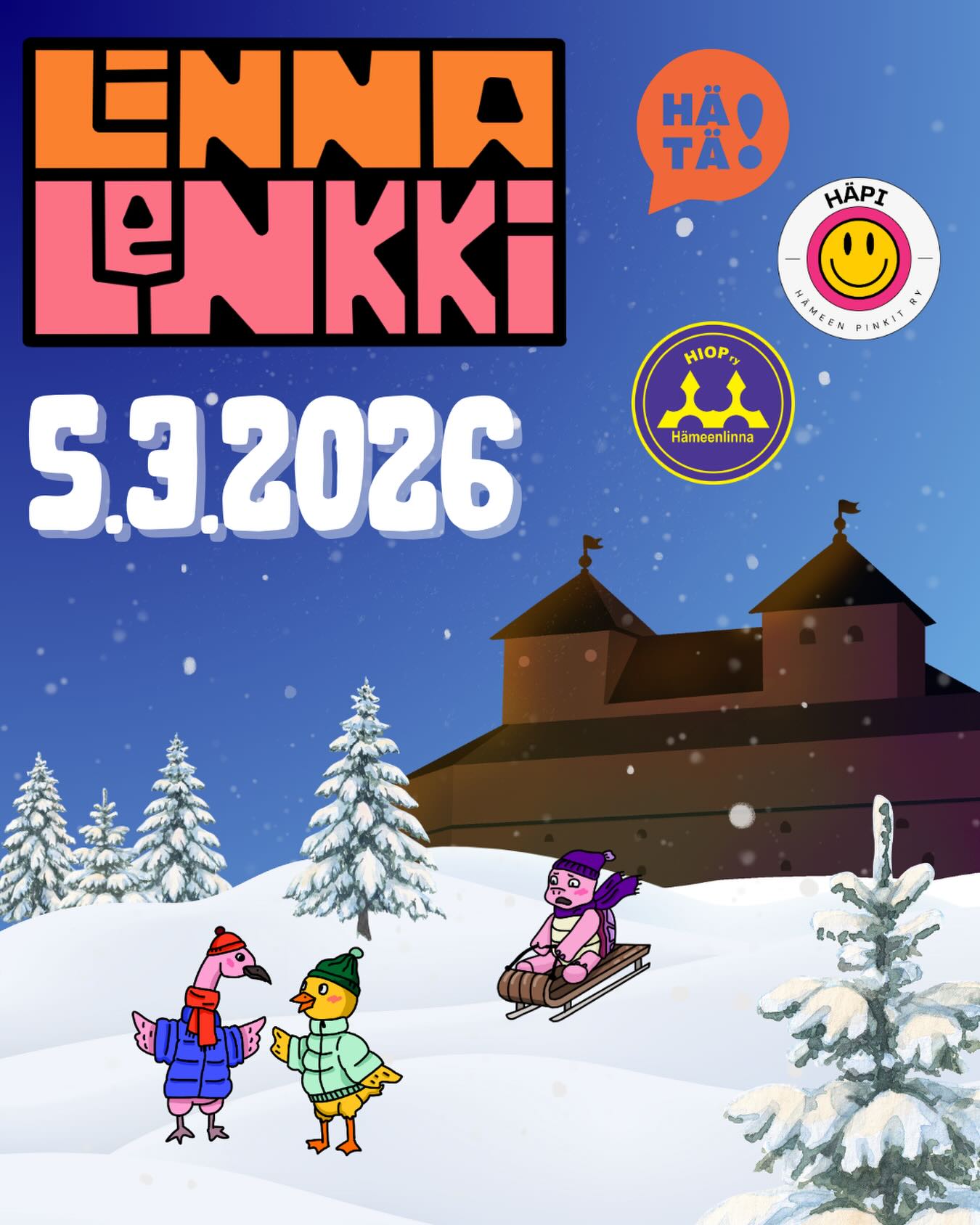 Linnalenkki on täällä taas! ❄️
Talven pirtein ulkoilutapahtuma on vihdoin täällä! Kerää kaveriporukkasi kasaan ja lähde kiertämään talvista rastirataa! Rastikierroksen voit suorittaa 2-5 henkilön ryhmässä. Suorittamalla kaikki rastit ja palauttamalla rastipassin, voit lunastaa itsellesi upean haalarimerkin!😋
Illalla rastikierroksen jälkeen pääset jatkamaan iltaa kavereiden kanssa Skogsterissa! 🩷 Skogsterissa on teidän opiskelijoiden toiveesta tällä kertaa myös karaoke 🎤
Perinteisesti Linnalenkin rastirata on kierretty Hämeen Linnan ympäristössä, mutta tänä vuonna reittiä on Linnan alueen remontin takia jouduttu muuttamaan. Reitti paljastetaan vasta tapahtumassa, mutta sen voimme kertoa, että lähtönä/maalina toimii Maaherranpuisto.
‼️Jokaisen osallistujan tulee ostaa lippu tapahtumaan!‼️
Lippujen hinnat:
Rastikierros + jatkot: 9 € sis. narikka
Pelkkä rastikierros: 4 €
Pelkät jatkot: 6 € sis. narikka
Hinnat ovat kaikille opiskelijille samat 💖
Haalarimerkin saavat vain rastikierrokselle osallistuvat.
Rastiradalla jokainen kulkee omalla vastuullaan, sekä huolehtii niin omasta
kuin kavereidenkin turvallisuudesta ja ympäristön siisteydestä.
Karttojen vaihto sekä palautus tapahtuu Maaherranpuistossa klo 17.00-21.00.
MITÄ: Linnalenkki + jatkot
MISSÄ: Keskustan rannan alue ja Skogster
MILLOIN: Torstaina 5.3.2026, Linnalenkin lähtö klo 17:00-20:00 ja maali auki klo 21:00 asti. Jatkot klo 22:00-04:00.
KENELLE: Kaikille opiskelijoille!🫶🏼
Tapahtuma on täysin häirintävapaa. Mikäli koet minkäänlaista häirintää
tapahtuman aikana, ole yhteydessä tapahtuman häirintäyhdyshenkilöihin,
joko kasvotusten tai Instagramin kautta. Jatkoilla häirinnästä ilmoitetaan suoraan baarin järjestyksenvalvojille.
Linnalenkin ja jatkot järjestävät:
Hämeenlinnan insinööriopiskelijat HIOP ry🐢
Hämeenlinnan tradenomiopiskelijat HÄTÄ ry🐥
Hämeen pinkit HÄPI ry🦩
#opiskelijatapahtumat