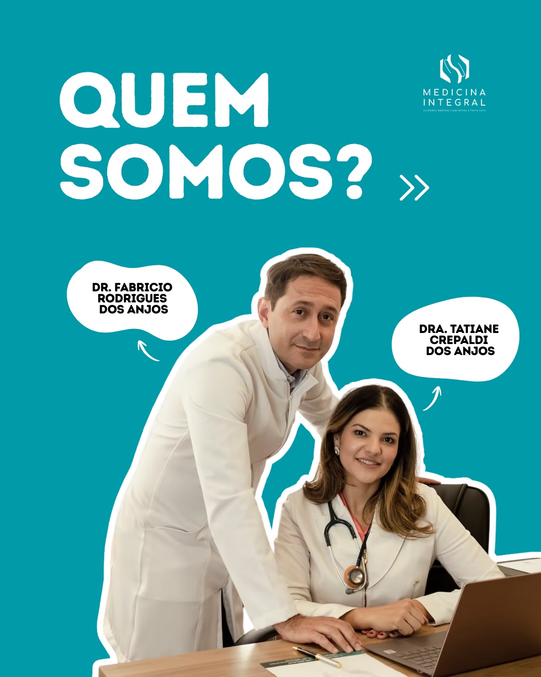 Quem somos? 🩵
A Clínica Medicina Integral nasceu do encontro de propósitos: cuidar de pessoas por inteiro.
Fundada em 2018 pela Dra. Tatiane Crepaldi dos Anjos e pelo Dr. Fabrício Rodrigues dos Anjos, a clínica une conhecimento, experiência e humanização para oferecer um cuidado integrado, que vai além do consultório e chega até o domicílio do paciente.
Acreditamos em uma medicina que acolhe, respeita e preserva o conforto e a segurança em cada etapa do cuidado 🤍