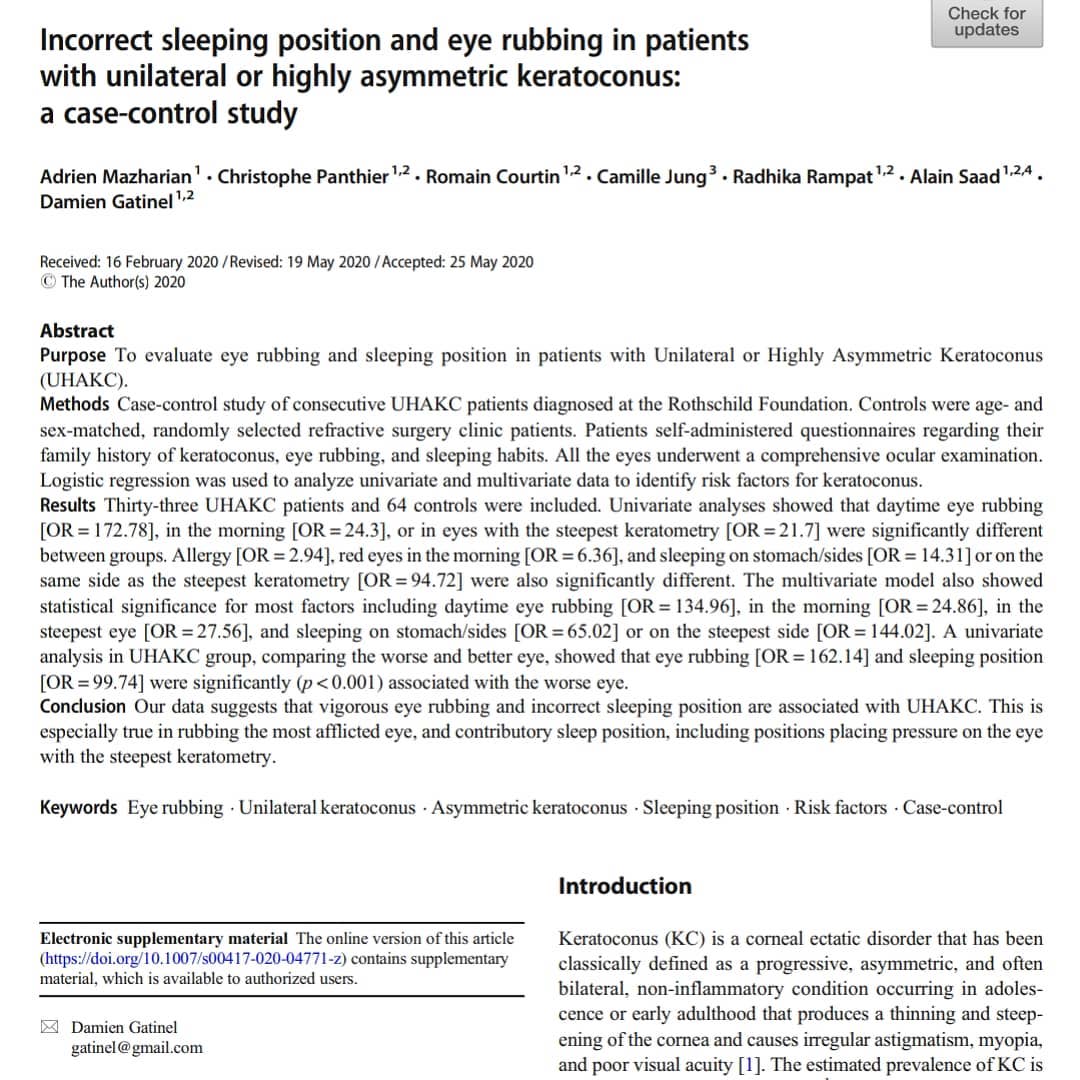 Eye rubbing or sleeping on sides with the eye compressed are risk factors of unilateral or highly asymmetric keratoconus - #keratoconus #eyerubbing #defeatkeratoconus #keratoconusawareness #keratoconustreatment