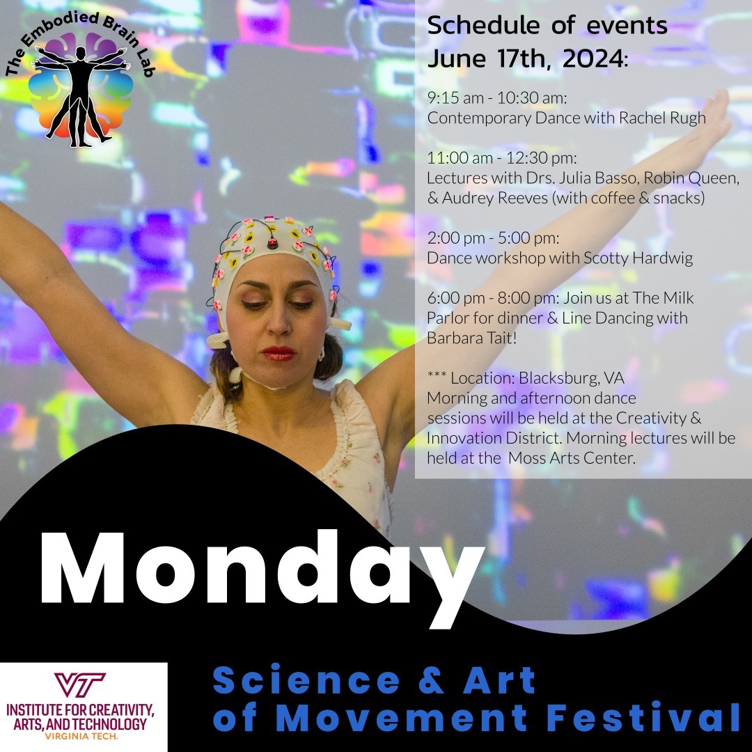 It's the 1-week countdown to The Science & Art of Movement Festival!!! Up on Monday, June 17th, we have Contemporary Dance with Rachel Rugh, lectures by Drs. Julia Basso, Audrey Reeves, and Robin Queen, and our first dance workshop by Scotty Hardwig. Later, join us for some dinner and Line Dancing with Barbara Tait at The Milk Parlor.
If you haven't registered, there's still time to sign up for this FREE event.
Learn more here: www.embodiedbrainlab.com/festival
Register here: https://redcap.vtc.vt.edu/surveys/?s=4CTTX7YMKE4T4EL4