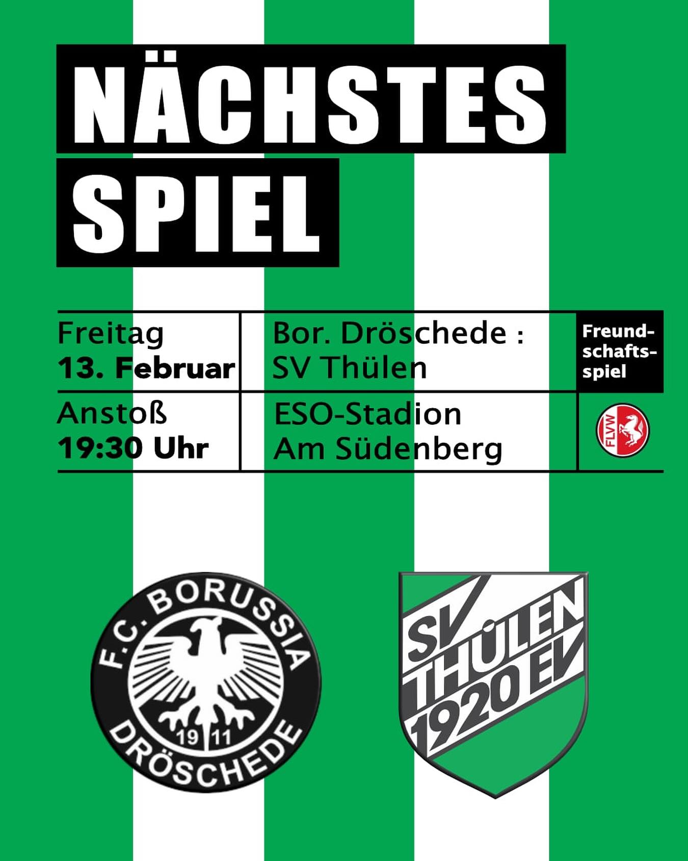 ⚽ Testspiel führt SVT-Damen zu Borussia Dröschede ⚽
Bevor es für die Fußballdamen des SV Thülen in ein feucht-fröhliches Karnevalswochende geht 🥳, steht für den Westfalenligisten heute Abend noch ein Testspiel auf dem Programm.
Die Reise führt die Grün-Weißen zum FC Borussia Dröschede.
Der Gastgeber aus dem Märkischen Kreis geht in der Landesliga Staffel 2 auf Torejagd und belegt dort aktuell den 10. Tabellenplatz.
Im Rahmen des Sportfestes des FC Germania Nehden Anfang August letzten Jahres standen sich beide Teams bereits gegenüber.
Da zeigte sich die Mannschaft vom Trainerduo Werth/Heinke in Torlaune und schickte die Borussia mit einer 9:0-Niederlage im Gepäck auf die Heimreise.
Anstoß ist heute Abend um 19:30 Uhr auf dem Kunstrasenplatz ESO-Stadion Auf der Emst in Dröschede.